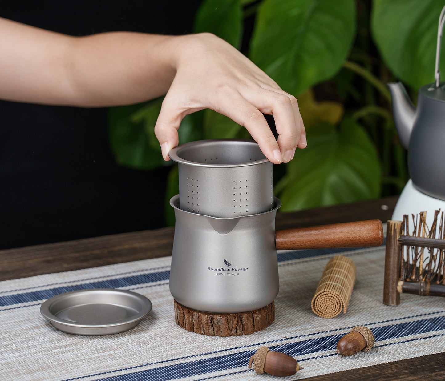Boundless Voyage 380ml Titanium Tea Cup with Removable Wooden Handle & Filter Strainer, Ultralight Portable Mug Ti3141D