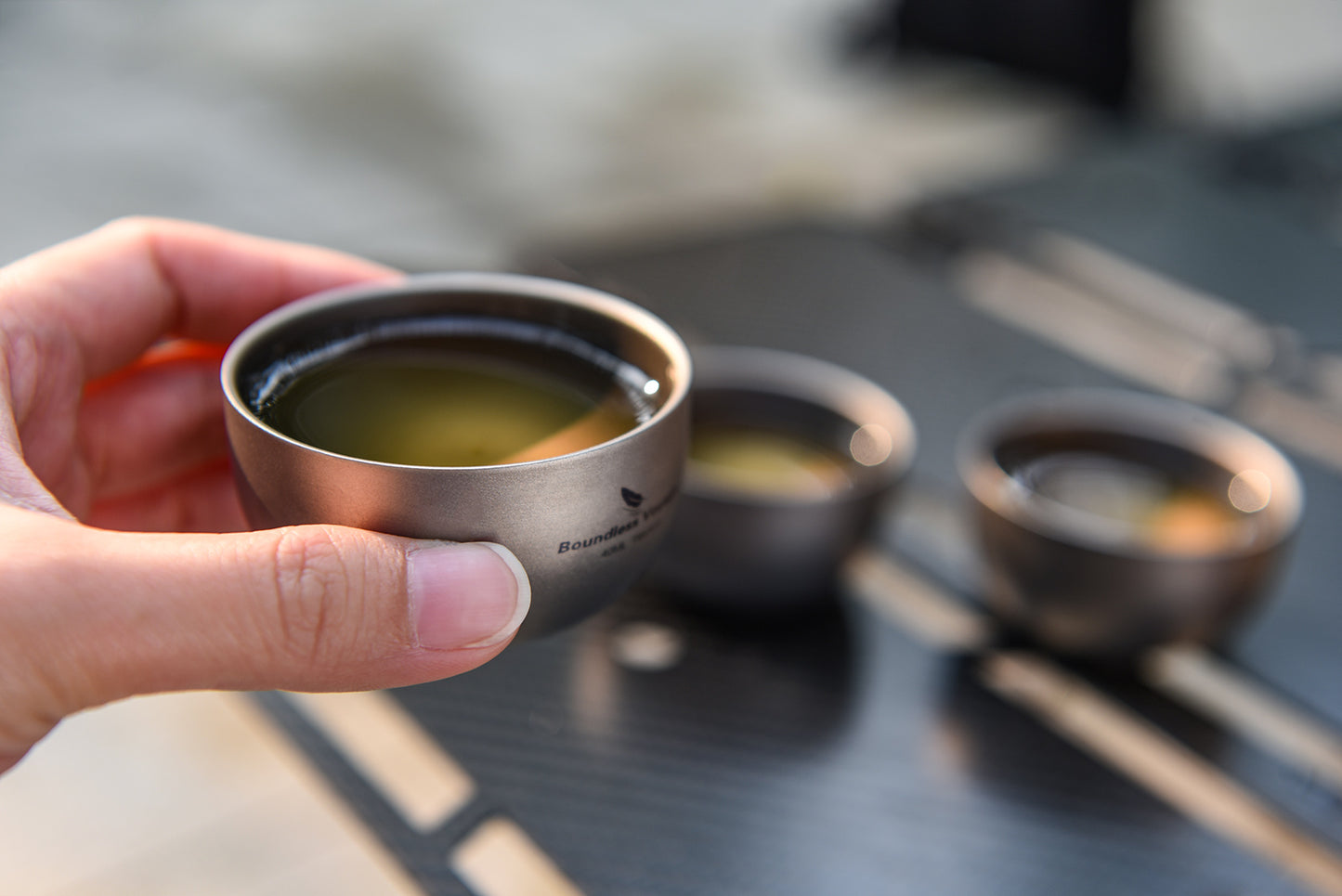 Boundless Voyage 40ml Sandblasted Matte Finish Double-Wall Titanium Sake Cup & Kung Fu Tea Cup, Portable Mini Mug for Camping, Picnic & Daily Home Use Ti3204D