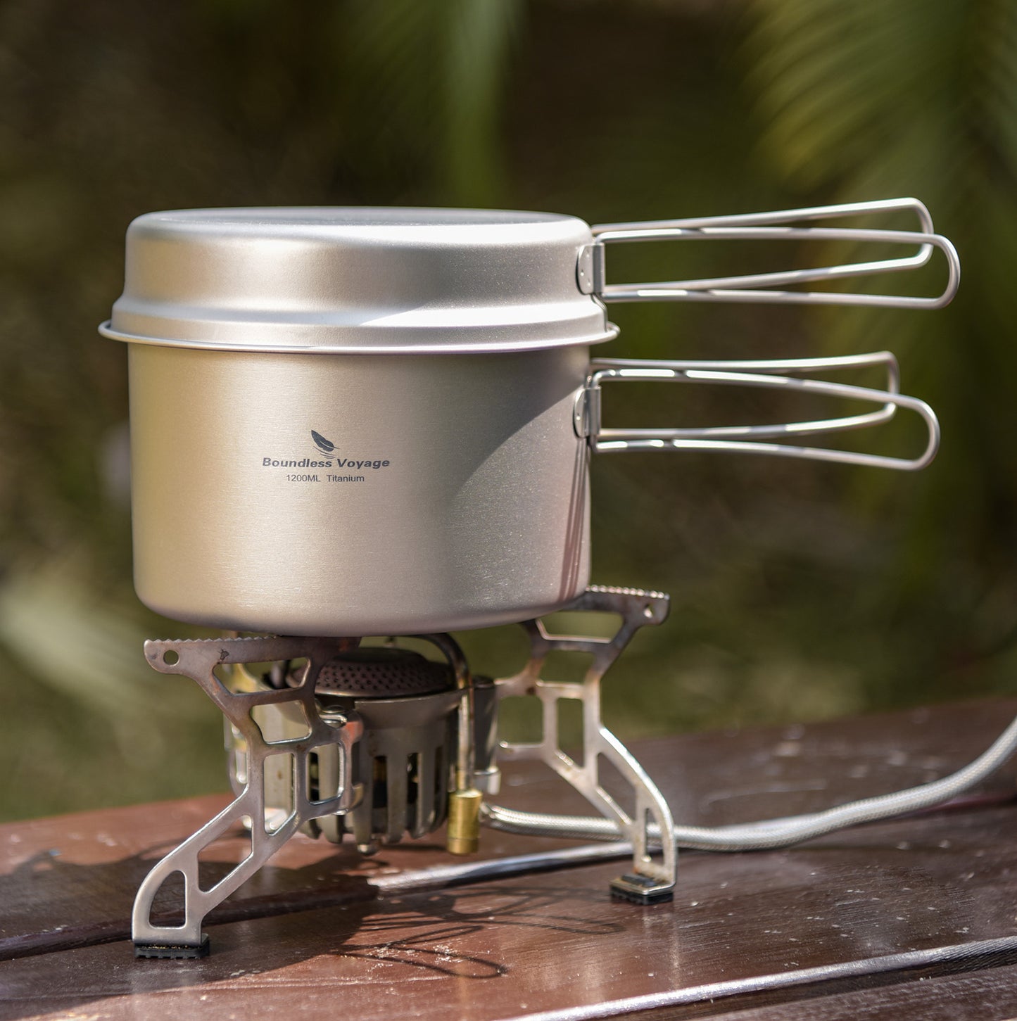 Boundless Voyage Outdoor Titanium Pot with Pan Set, Collapsible Folding Handle Portable Cookware for Camping Hiking Backpacking Cooking Ti2110C