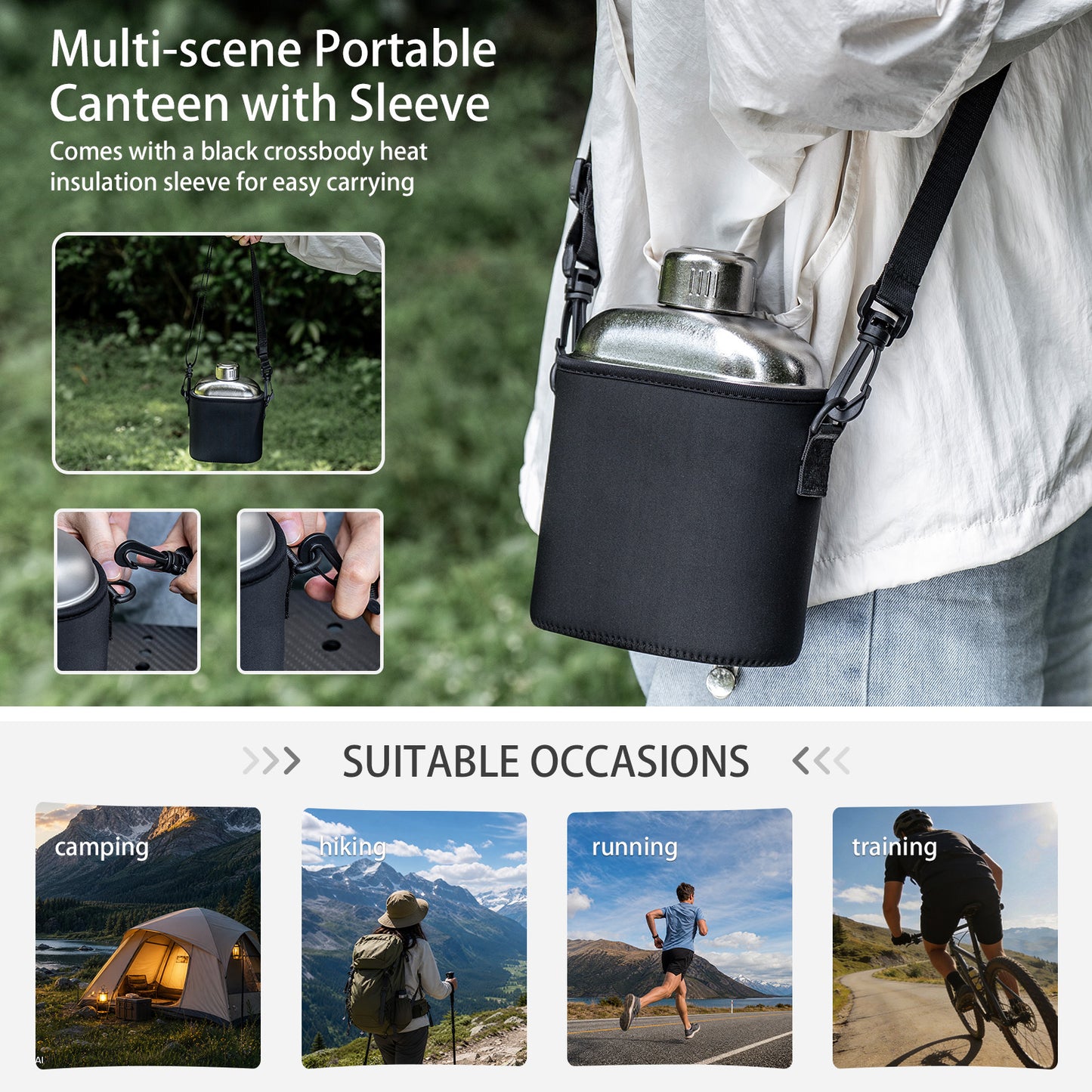 Boundless Voyage 1100ml TA1 Pure Titanium Canteen Bottle | Single Layer Open Flame Heatable Water Flask, Leakproof Double Wall Lid Military Outdoor Bottle with Crossbody Sleeve Ti3012D