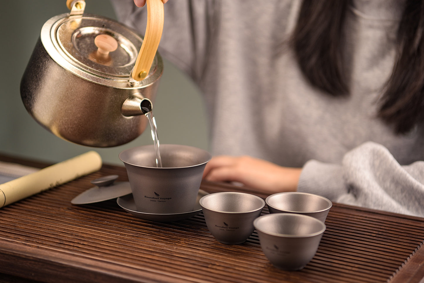 Boundless Voyage Double Walled Titanium Gaiwan, Traditional Chinese Kung Fu Tea Bowl with Lid & Saucer, Ultralight Durable Portable Tea Set for Home Tea Ceremony & Outdoor Camping Ti3123D-Ti3124D