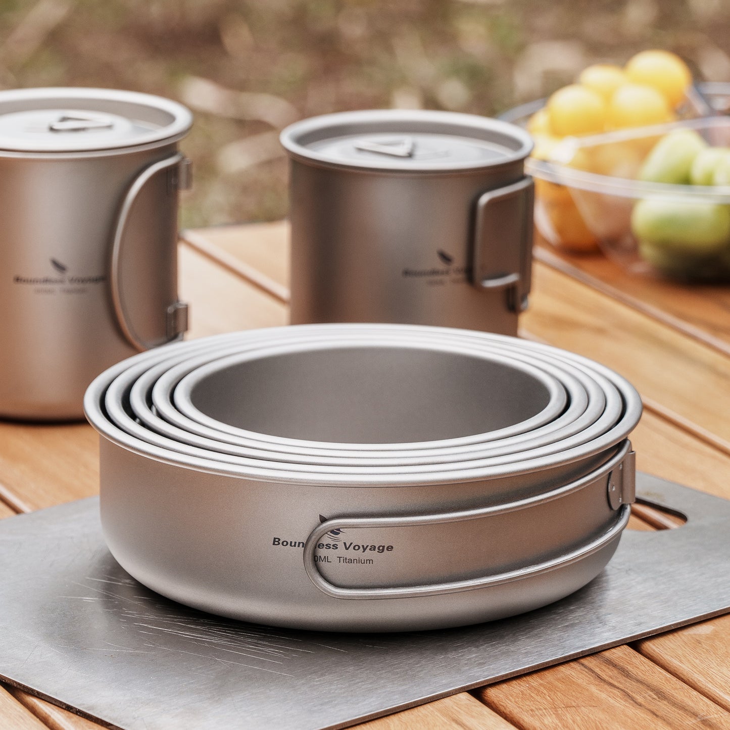Boundless Voyage 5Pcs Pure Titanium Bowl Set with Foldable Handles, Portable Outdoor Camping Tableware Plates Dishes, 350/500/600/700/800ml Ti1096T