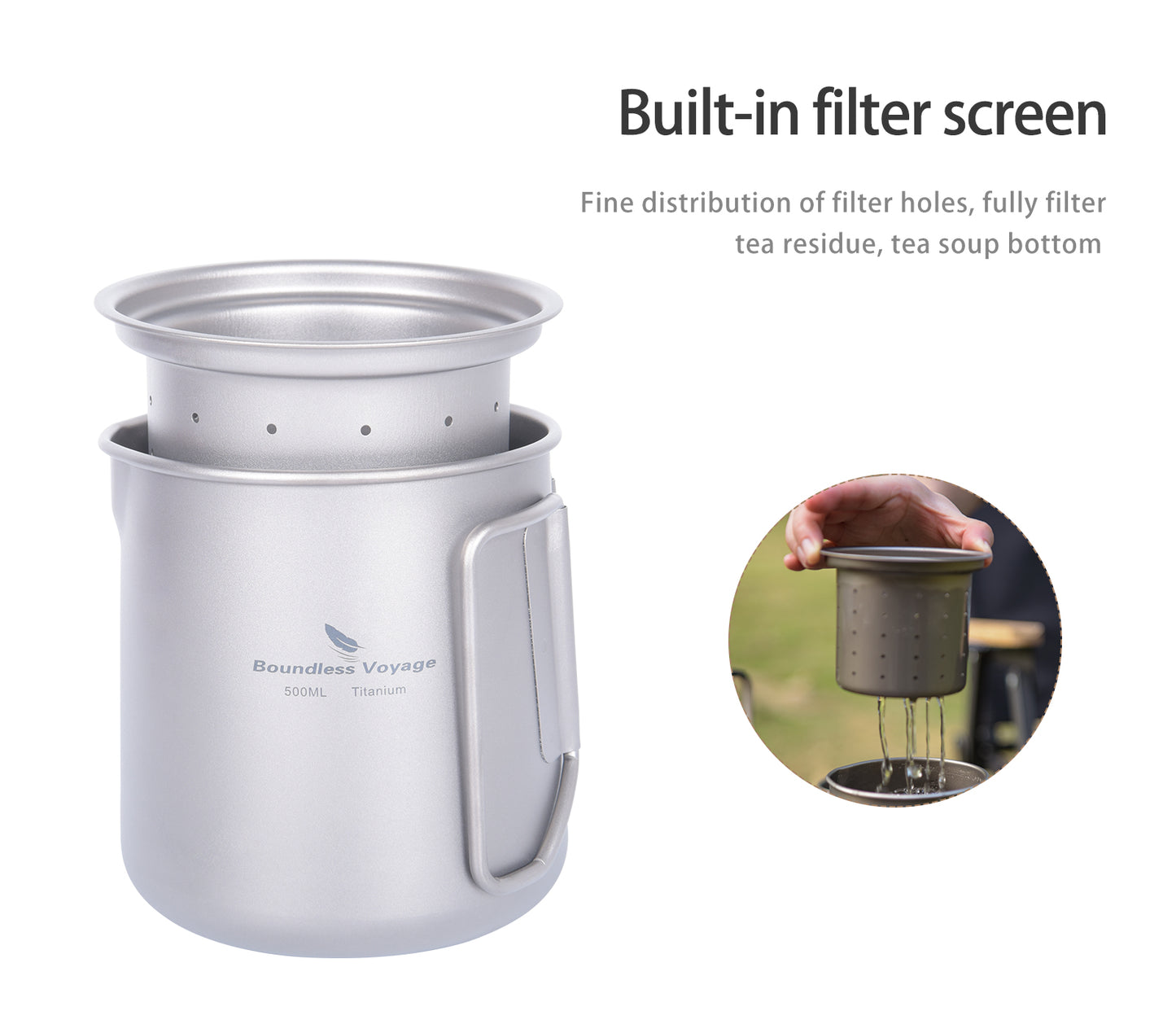 Boundless Voyage 1.5L Titanium Camping Coffee Pot, Stovetop & Campfire Safe Fast Brew Kettle for Boiling Water, Outdoor Travel & Barista Brewing Ti3128D/Ti3129D