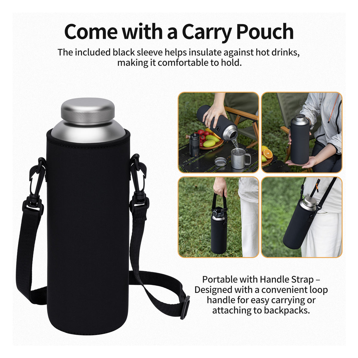 Black insulated bottle sleeve with carrying handle and adjustable shoulder strap