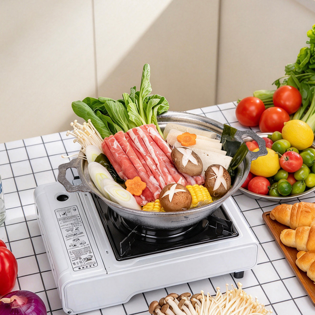 Fresh hot pot ingredients arranged inside Boundless Voyage 2.5L titanium pot on stove
