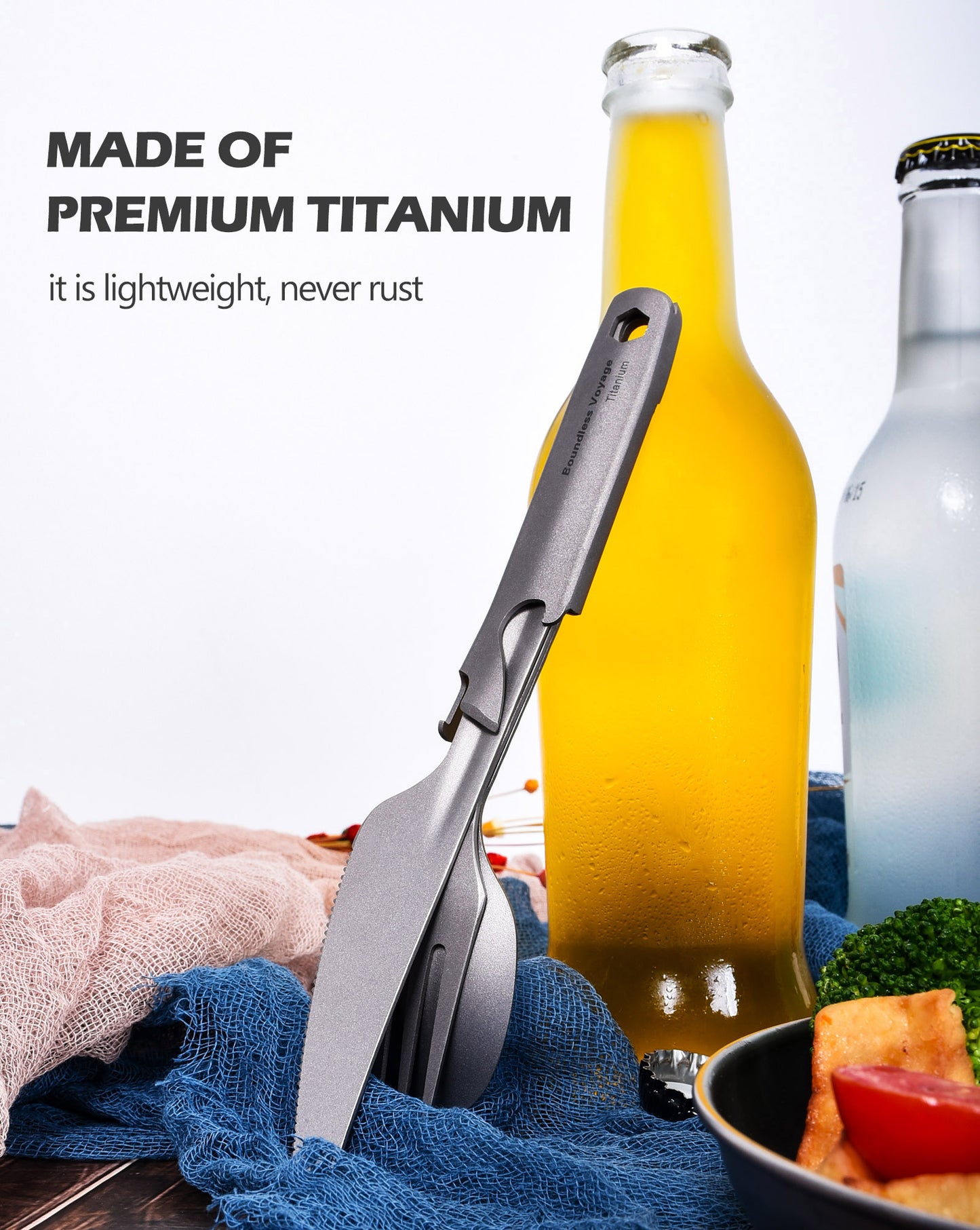 Boundless Voyage Utility Titanium Cutlery Set, Spoon Fork Knife with Built-In Bottle Opener, Portable Travel Camping Tableware with Easy Storage Cloth Case Ti1066T