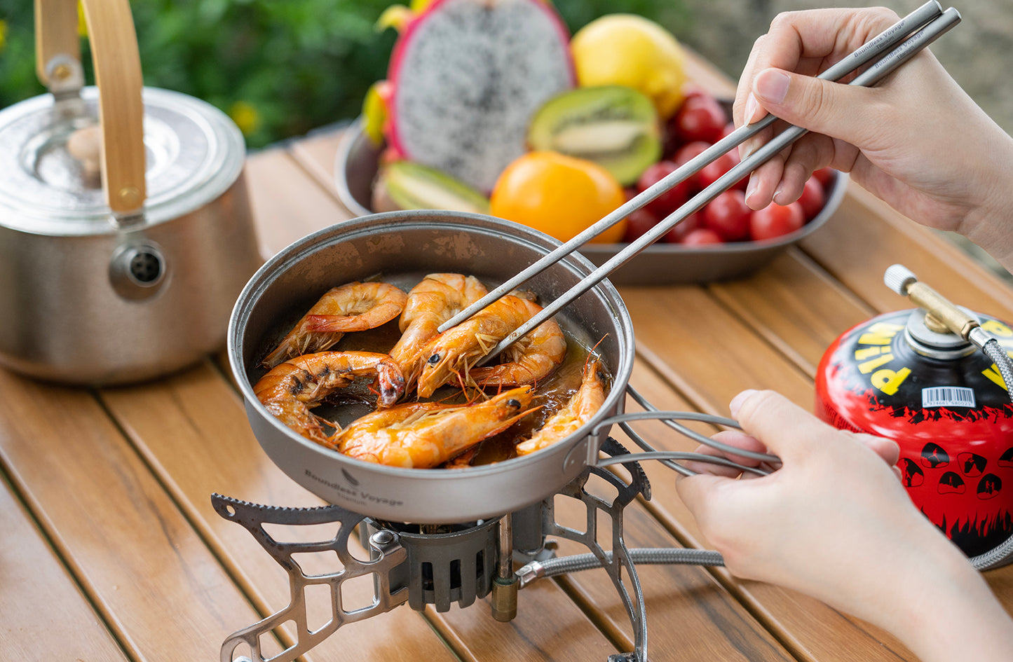 Boundless Voyage Titanium Pot & Pan Set with Collapsible Folding Handle, Portable Lightweight Cookware for Camping Hiking Backpacking Outdoor Cooking Ti2042C