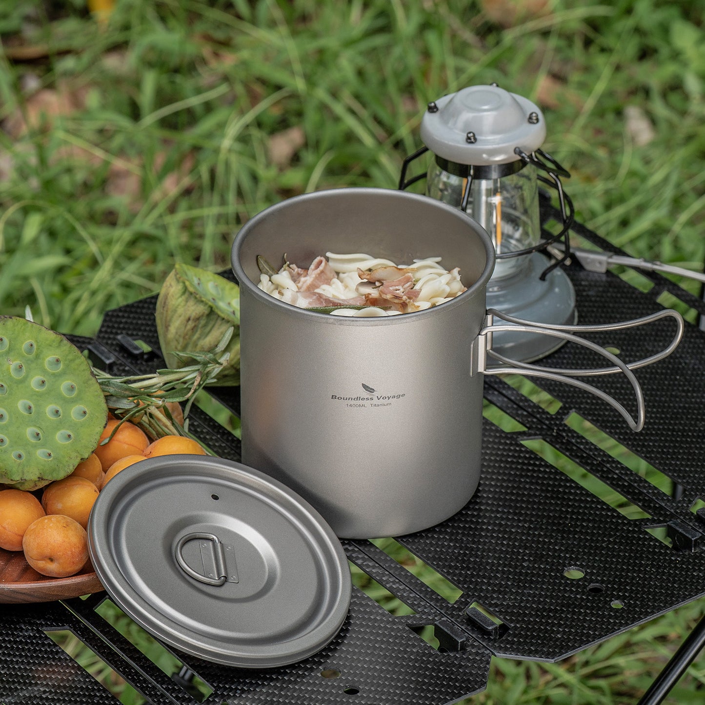 Boundless Voyage 1400ml Pure Titanium Camping Pot | Ultralight Backpacking Cookware with Lid & Foldable Handle for Hiking Camping