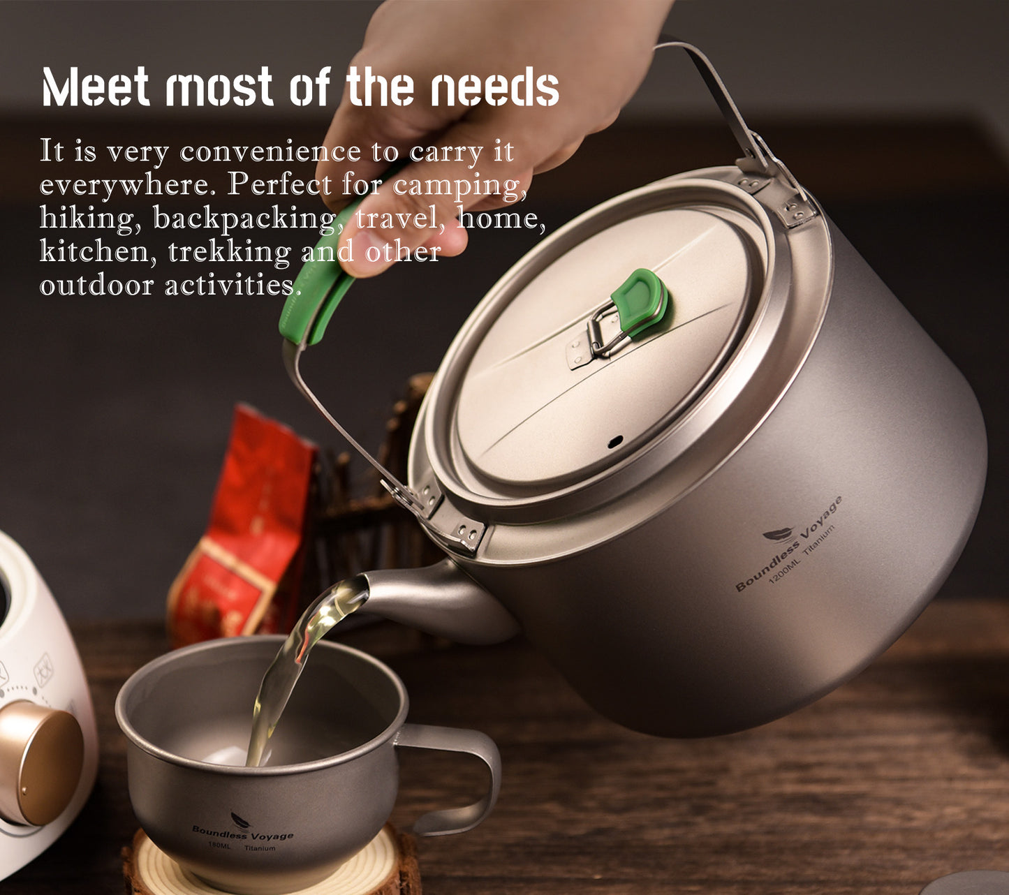 Boundless Voyage 800ml / 1200ml Single-Layer Pure Titanium Kettle with Foldable Handle & Filter, Large Capacity Camping Teapot Ti3101D/Ti3102D