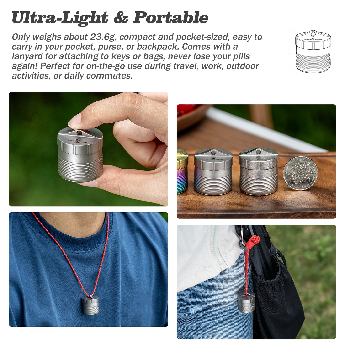 Boundless Voyage Titanium Pill Container, Waterproof Portable Pill Box, Lightweight Mini Pill Holder for Travel, Outdoor, Daily Use, Airtight Pill Case for Medication, Vitamins, Supplements, with Lanyard Ti9007O