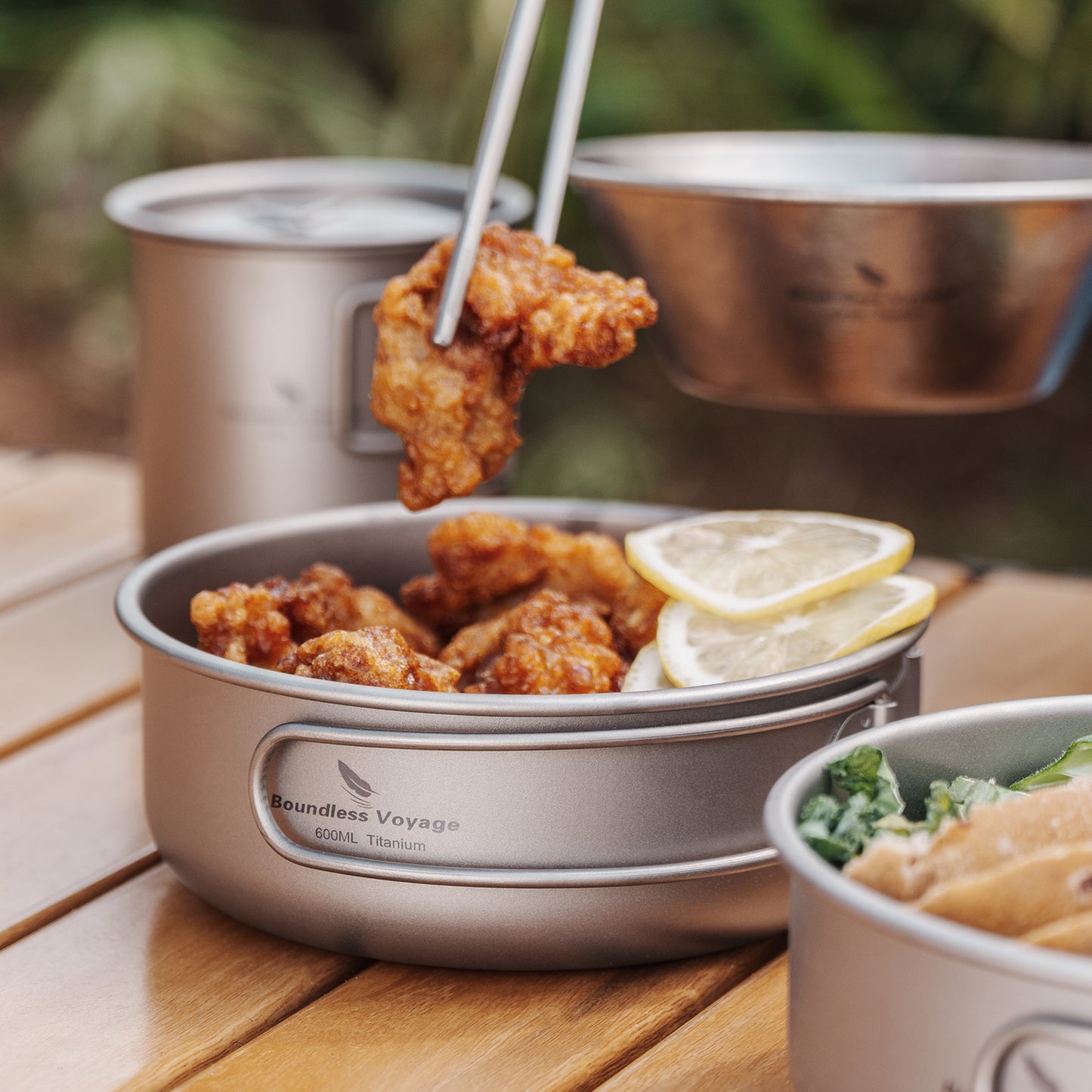 Boundless Voyage 5Pcs Pure Titanium Bowl Set with Foldable Handles, Portable Outdoor Camping Tableware Plates Dishes, 350/500/600/700/800ml Ti1096T