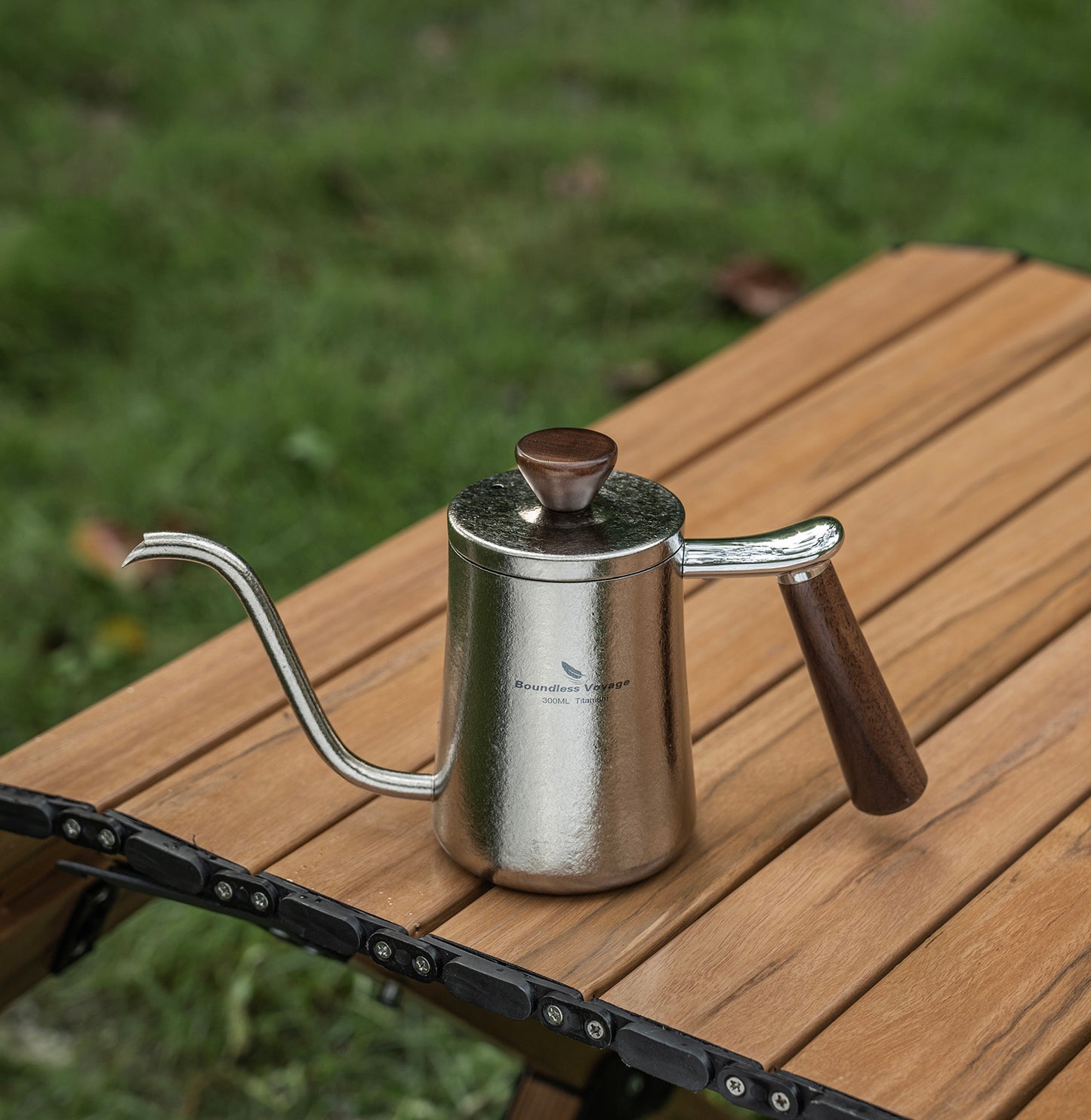 Boundless Voyage 300ml Titanium Pour Over Coffee Kettle with Wood Handle, Precision Gooseneck Spout Mini Coffee Tea Pot, Ultralight Portable Brew Gear for Home Barista, Office, Camping & Hiking Travel Ti3091D