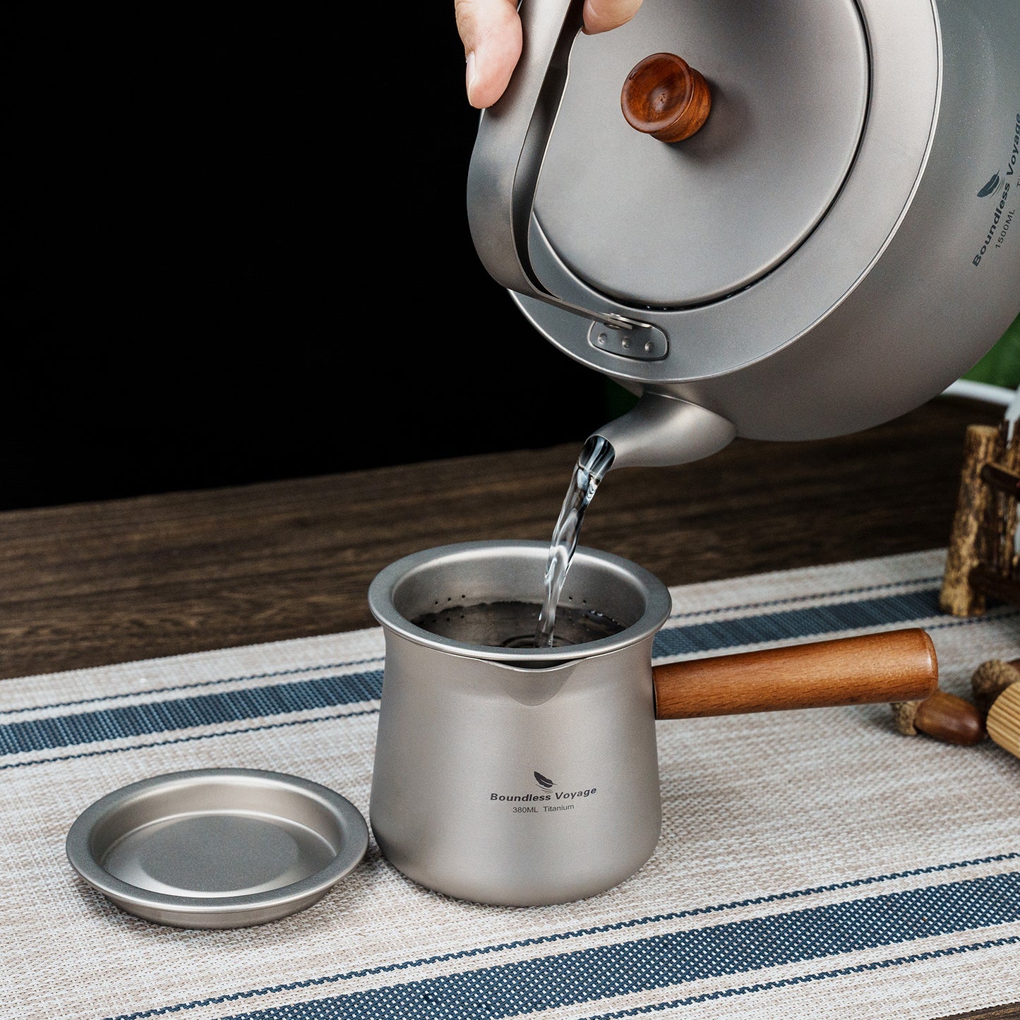 Boundless Voyage 380ml Titanium Tea Cup with Removable Wooden Handle & Filter Strainer, Ultralight Portable Mug Ti3141D