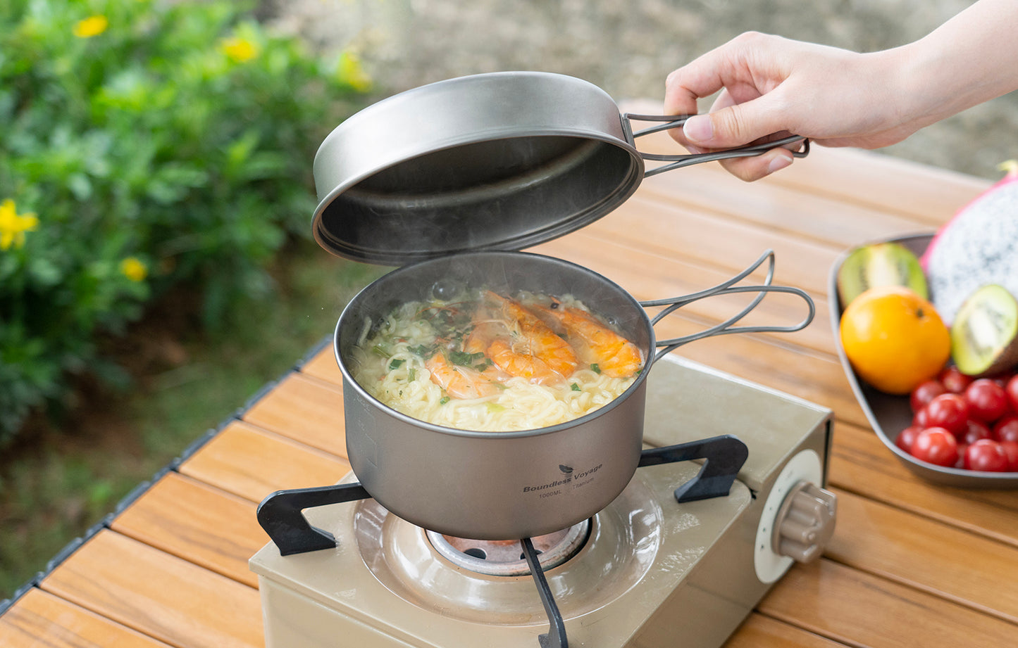 Boundless Voyage Titanium Pot & Pan Set with Collapsible Folding Handle, Portable Lightweight Cookware for Camping Hiking Backpacking Outdoor Cooking Ti2042C