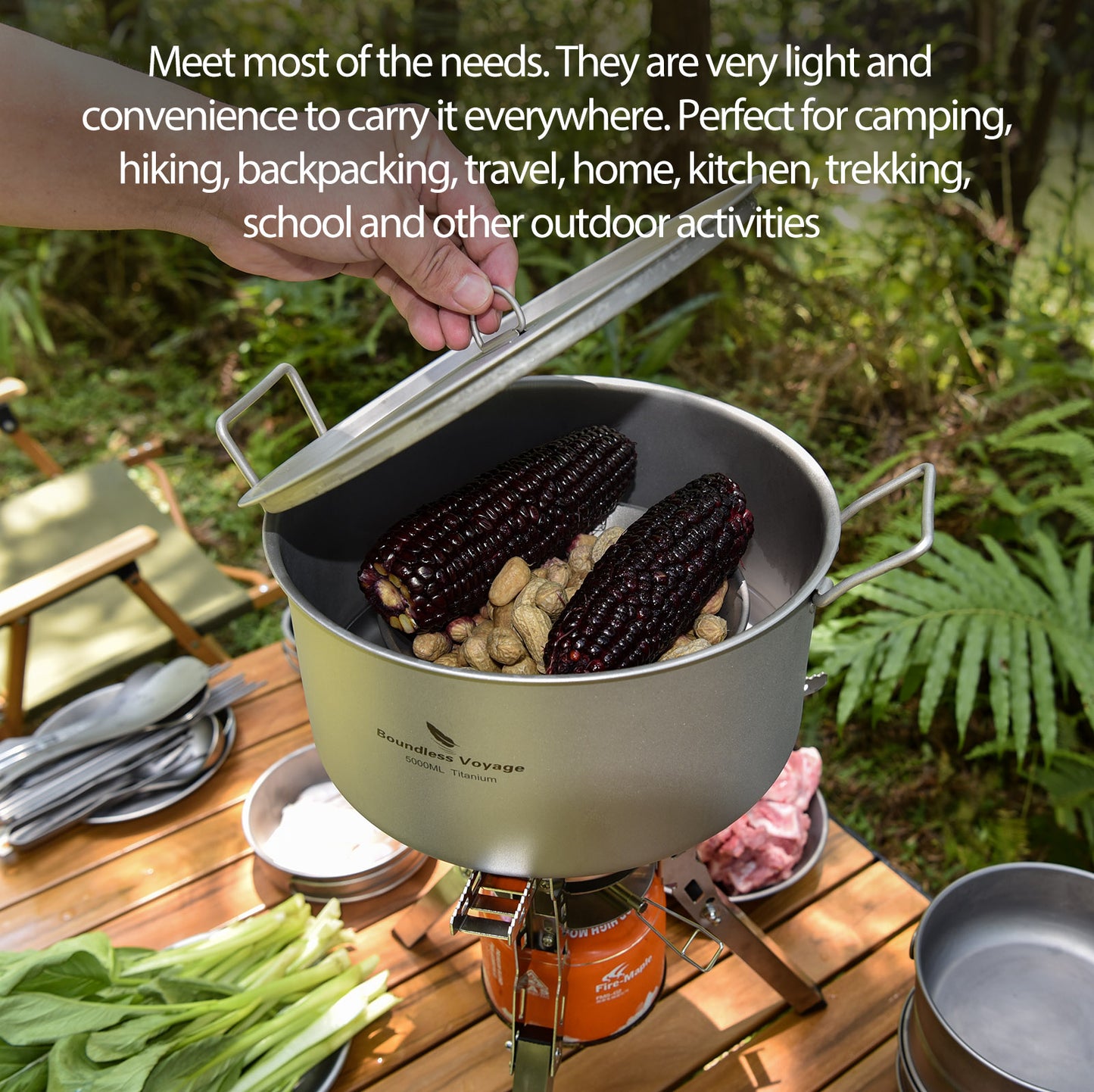 Boundless Voyage 5L Titanium Stock Pot with Lid & Folding Handle, Large Capacity Portable Soup Pot for Outdoor Camping Hiking Picnic & Home Kitchen Ti2104C