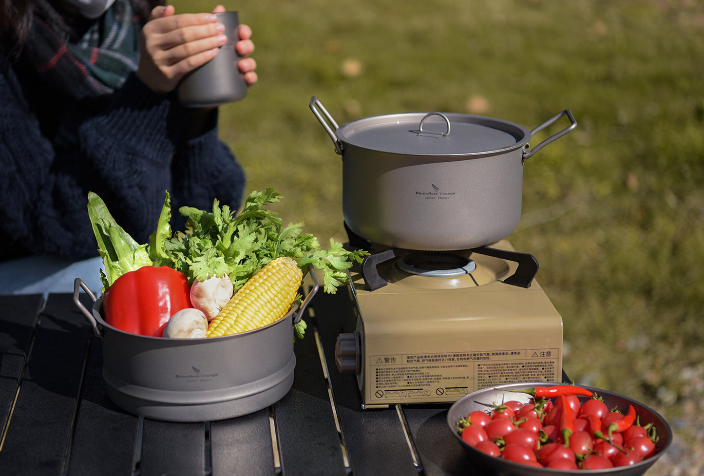Boundless Voyage Titanium Soup Pot & Steamer Set 2.2L, Foldable Handle Camping Cookware for Hiking Kitchen Ti2111C