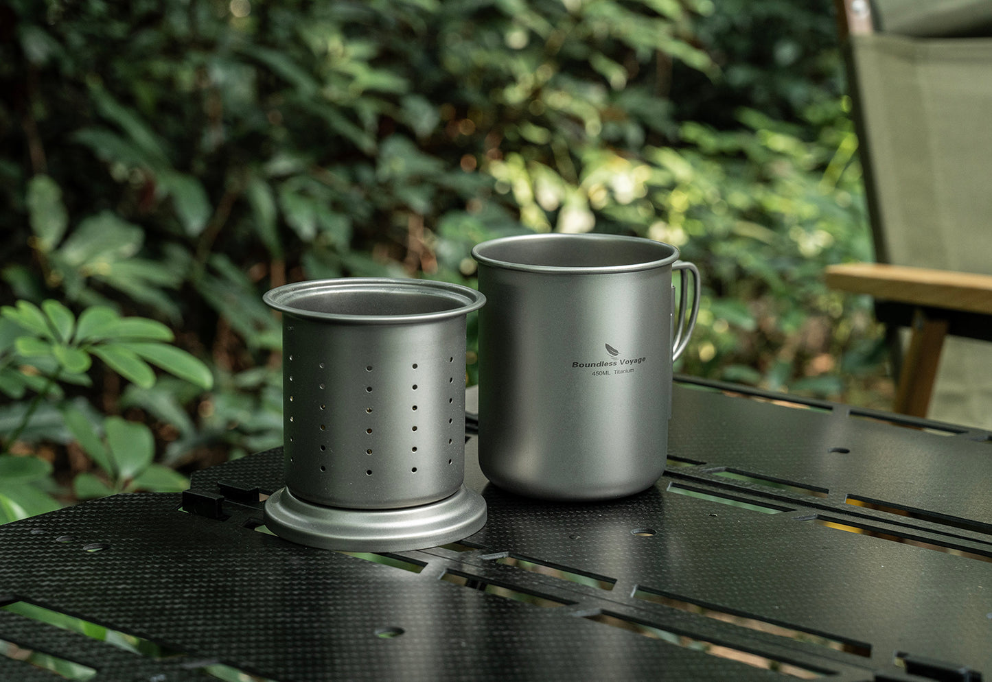 Boundless Voyage 450ml Titanium Cup with Filter Folding Handles Outdoor Camping Tea Coffee Mug 15.2 fl oz Portable Lightweight Tea Maker Ti3056D