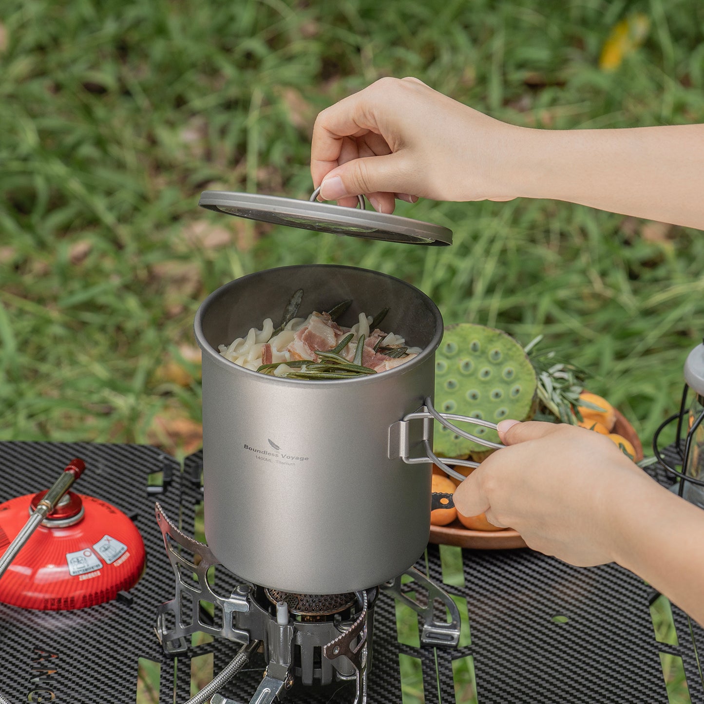 Boundless Voyage 1400ml Pure Titanium Camping Pot | Ultralight Backpacking Cookware with Lid & Foldable Handle for Hiking Camping