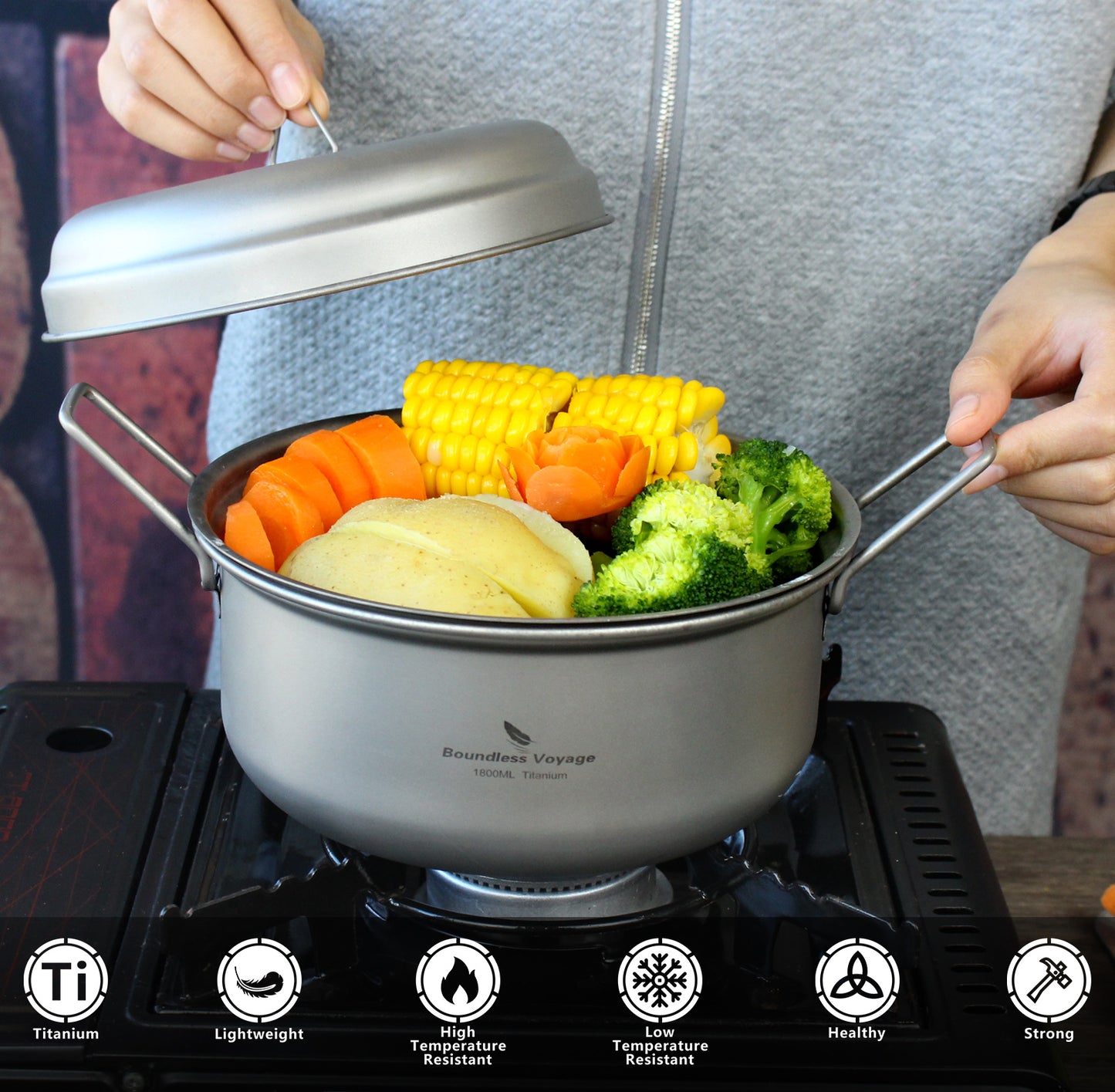 Boundless Voyage 1800ml Titanium Stockpot Steamer Set with Lid, Ultralight Outdoor Soup Pan Mess Kit for Camping, Stovetop & Campfire Use Ti2058C