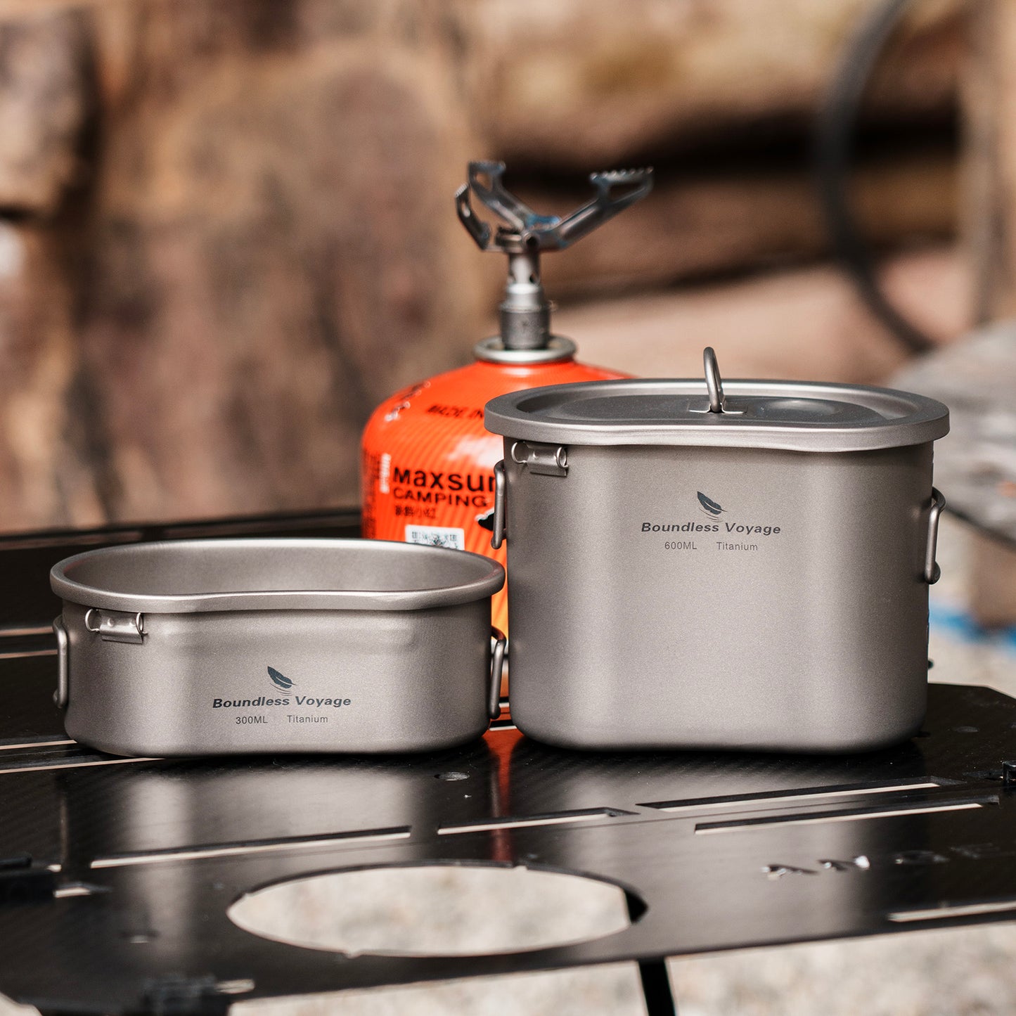 300ml + 600ml Titanium Camping Cookware Set - Kidney-Shaped Canteen Cups with Lid & Hanging Chain - Ultralight Mess Kit 2046c