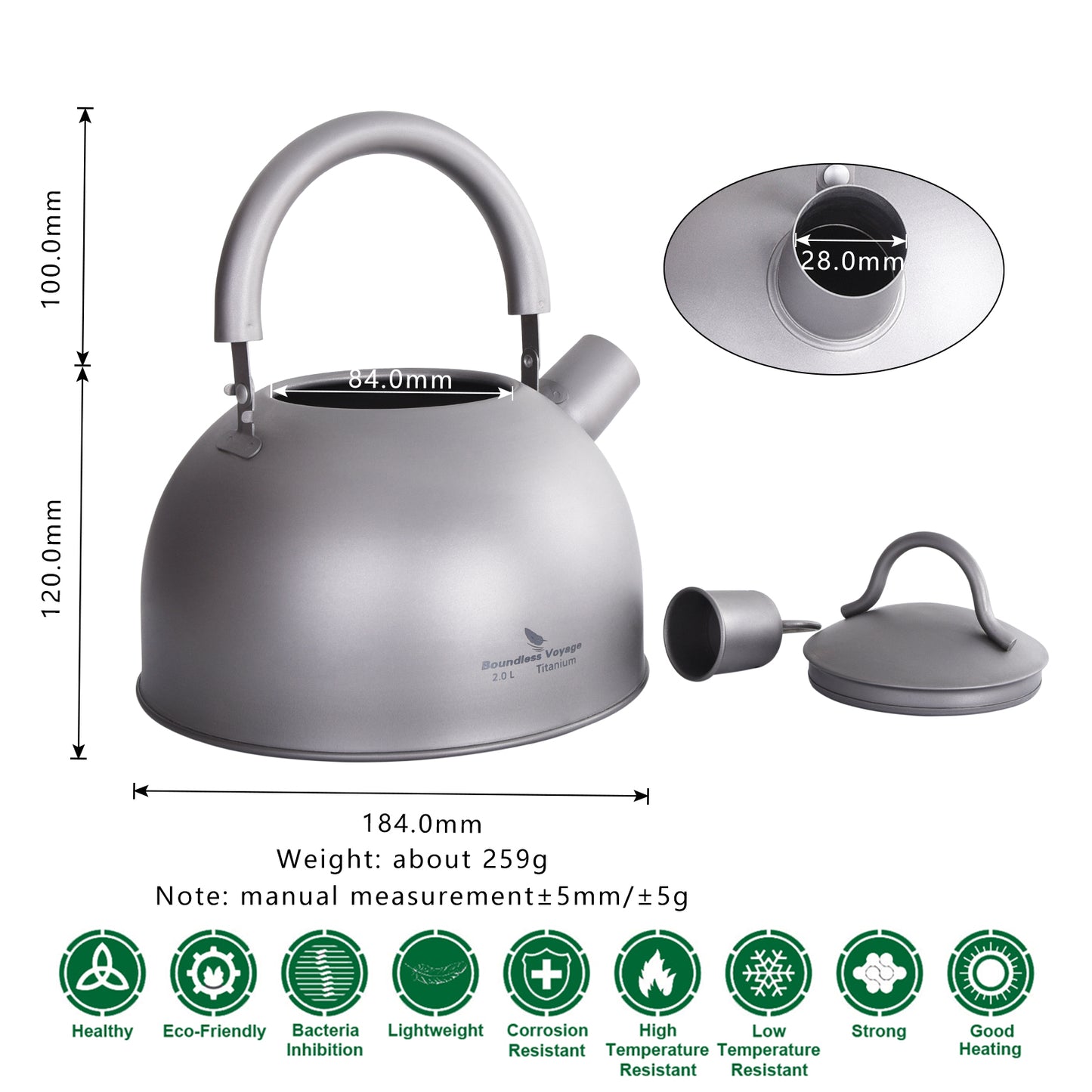 Boundless Voyage 2L Titanium Tea Kettle with Whistle, Stovetop Camping Kettle for Hiking Outdoor Home Kitchen Ti3097D