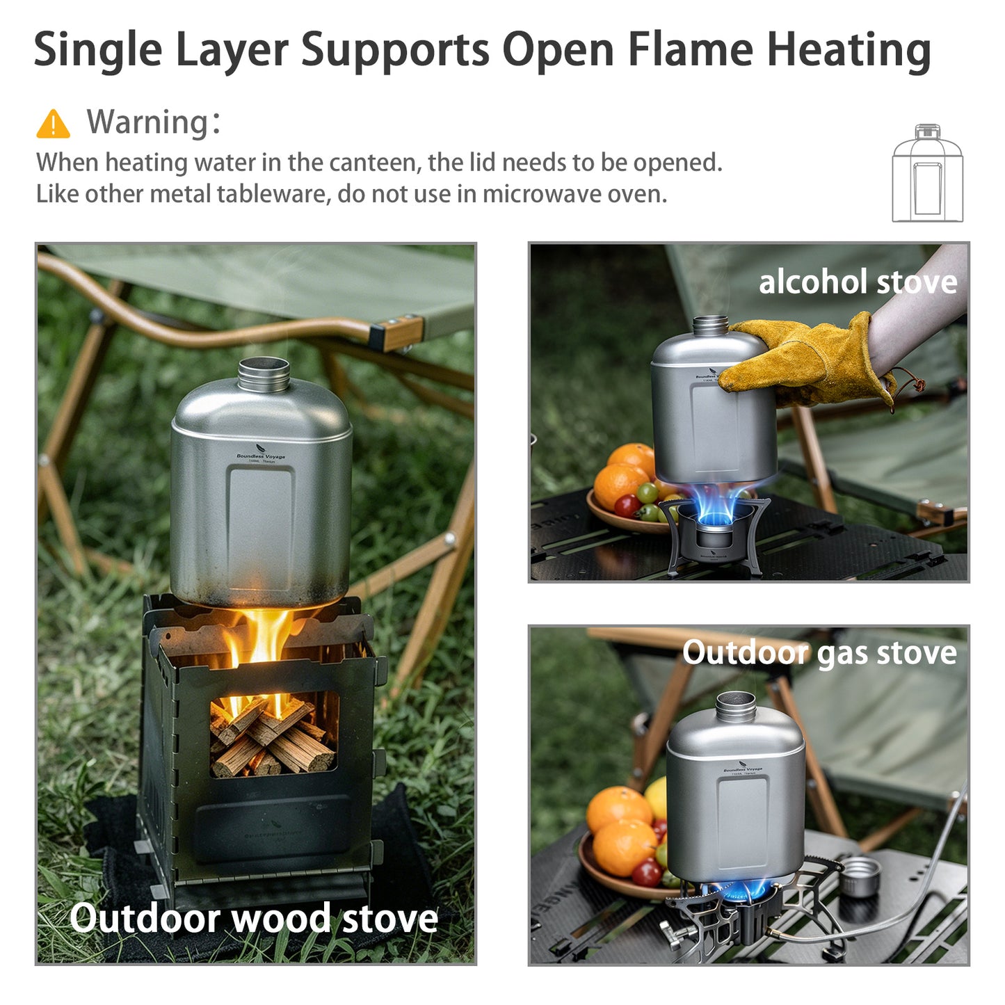 Boundless Voyage 1100ml TA1 Pure Titanium Canteen Bottle | Single Layer Open Flame Heatable Water Flask, Leakproof Double Wall Lid Military Outdoor Bottle with Crossbody Sleeve Ti3012D