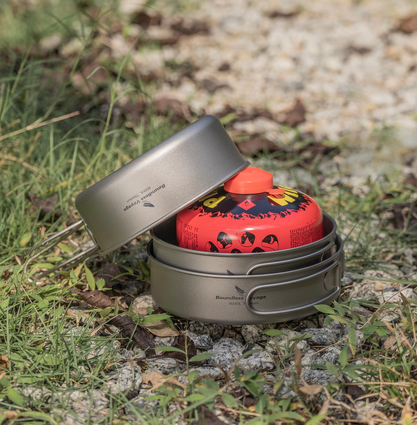 Boundless Voyage Pure Titanium Camping Cookware Set 3Pcs Foldable Handle Stackable Outdoor Tableware Pot Pan Set Ti2032C