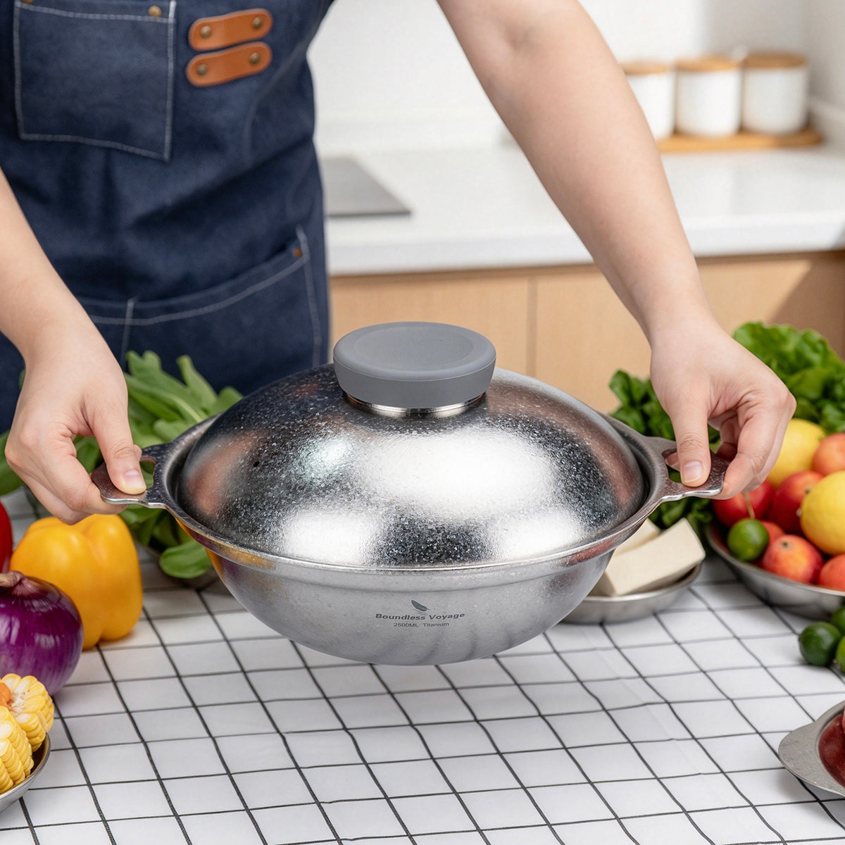 Holding Boundless Voyage 2.5L titanium cooking pot with sturdy dual side handles