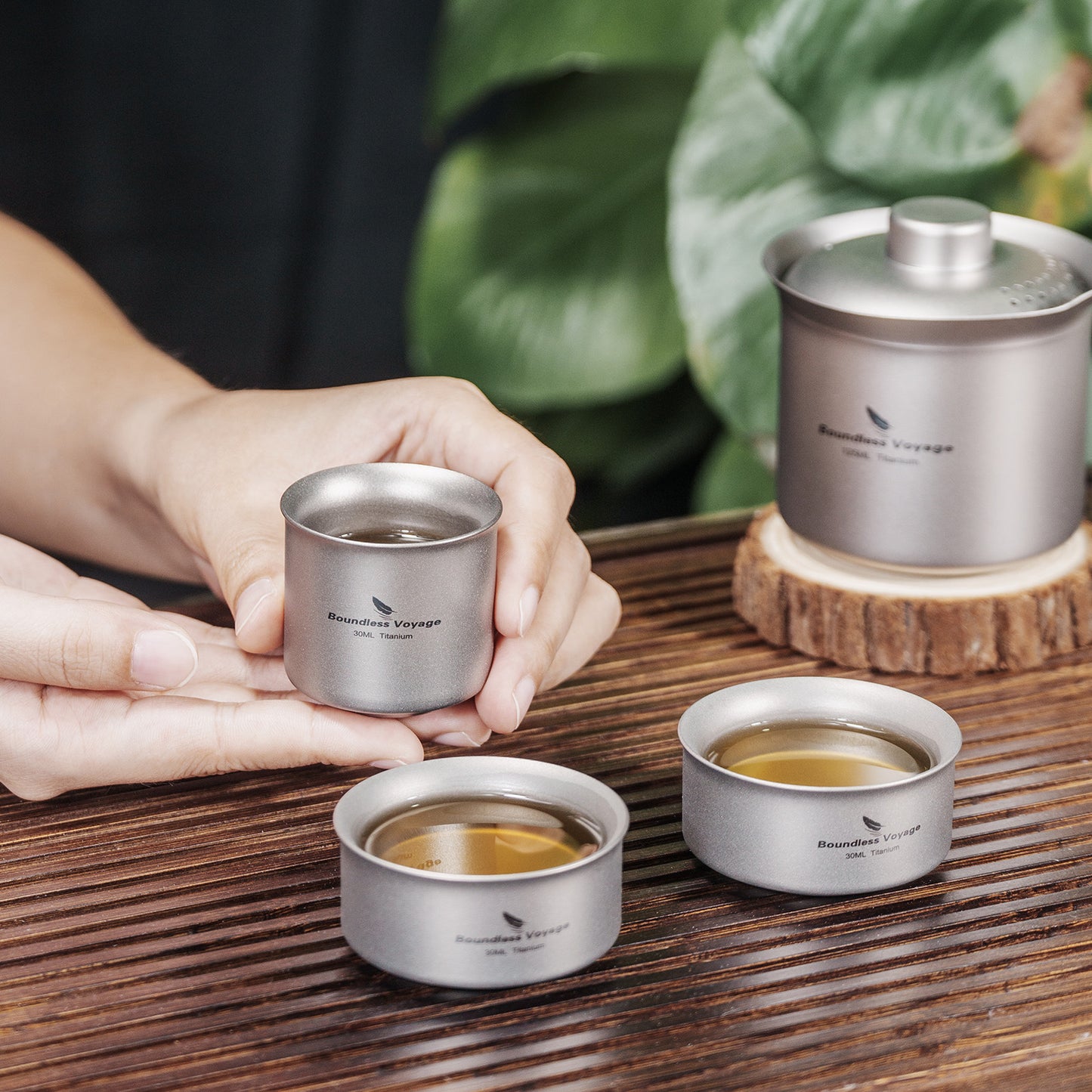 Boundless Voyage Titanium Double-Layer Tea Maker Set, Comes with 3Pcs 30ml Mini Tea Cups, Ultralight Portable Complete Tea Set for Outdoor Camping Travel Tea Brewing Ti3149D