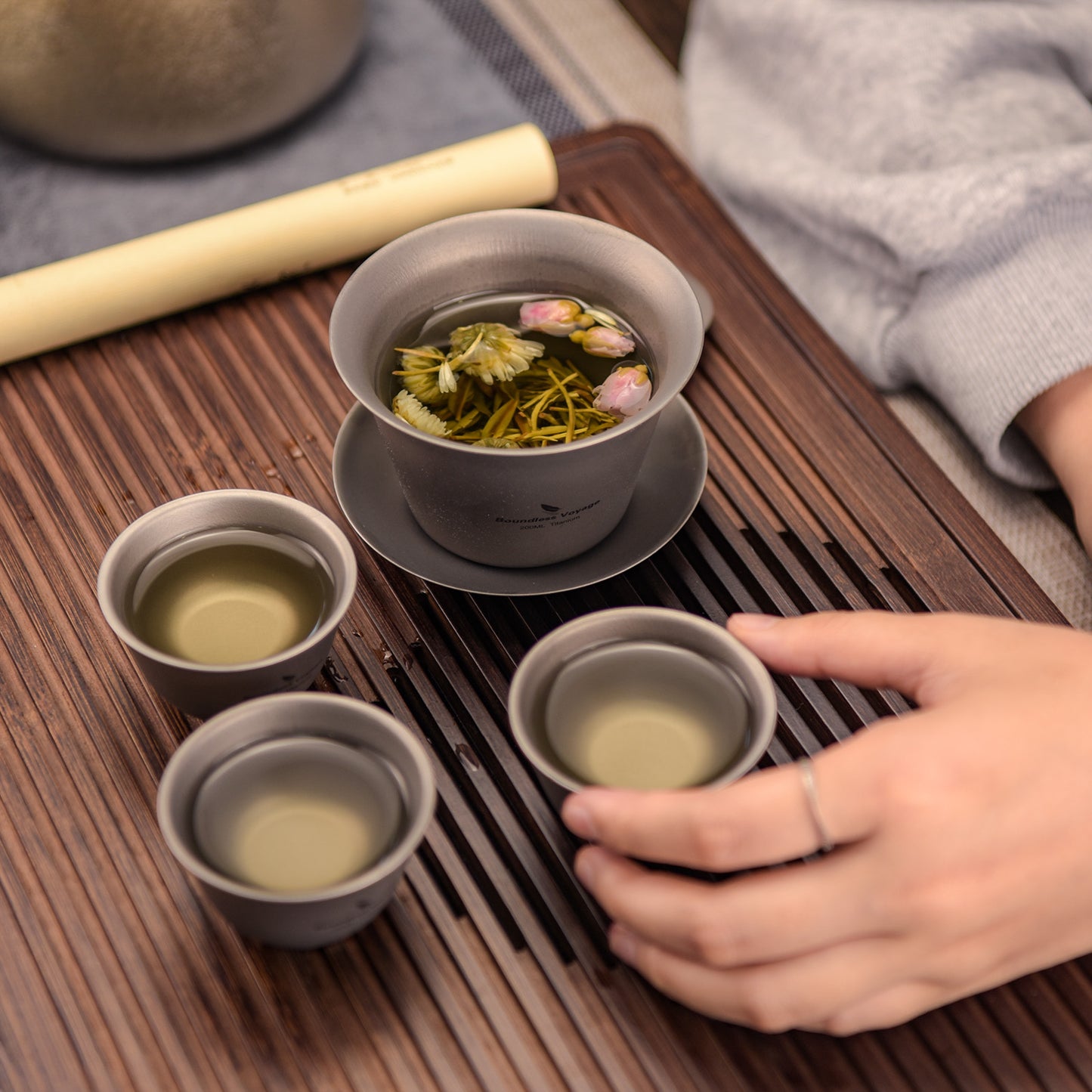 Boundless Voyage Double Walled Titanium Gaiwan, Traditional Chinese Kung Fu Tea Bowl with Lid & Saucer, Ultralight Durable Portable Tea Set for Home Tea Ceremony & Outdoor Camping Ti3123D-Ti3124D