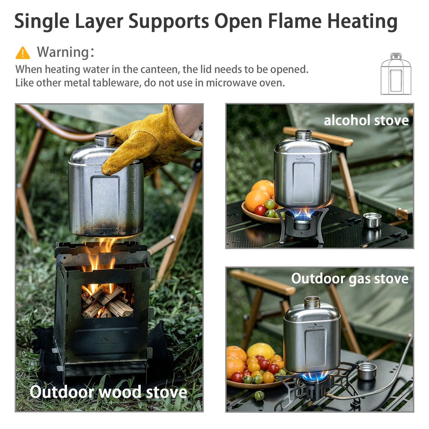 Boundless Voyage 1100ml TA1 Pure Titanium Canteen Bottle | Single Layer Open Flame Heatable Water Flask, Leakproof Double Wall Lid Military Outdoor Bottle with Crossbody Sleeve Ti3012D
