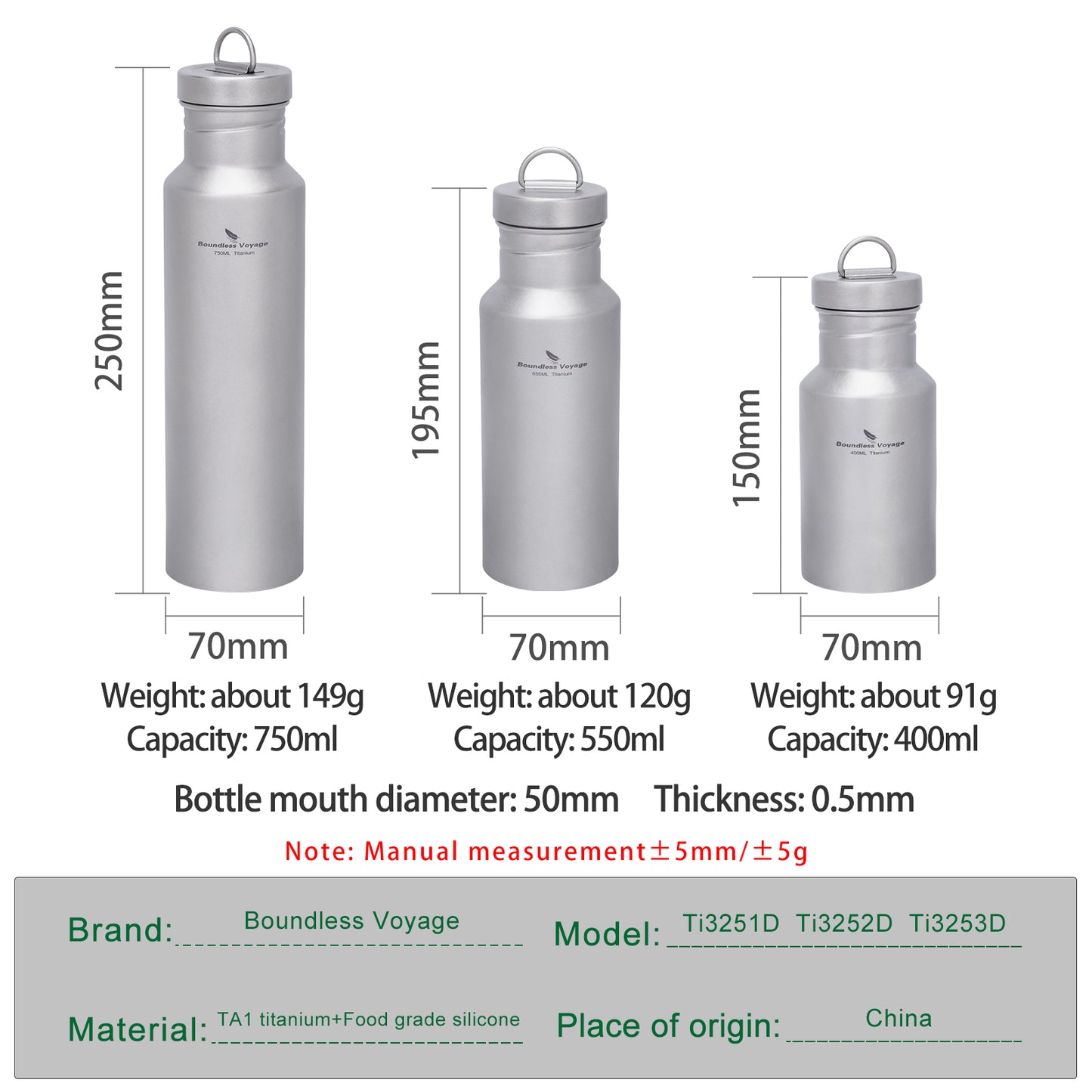 Boundless Voyage Titanium Water Bottle with Lid Reusable Sport Drinking Bottle for Camping Hiking Picnic Climbing Running Tea Coffee