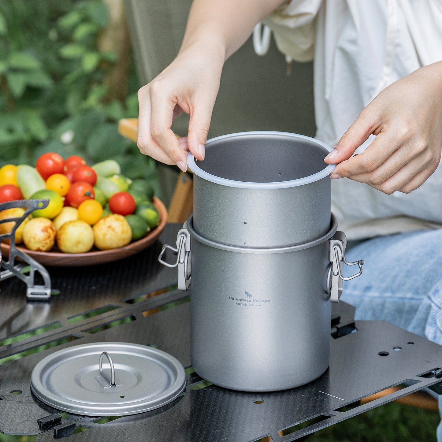 Boundless Voyage Sandblasted Matte Finish Ultralight Titanium Camping Rice Cooker Pot, 1.4L Outer Pot with 0.9L Inner Container, Portable Cookware for Hiking, Travel & Outdoor Camping Ti2093C