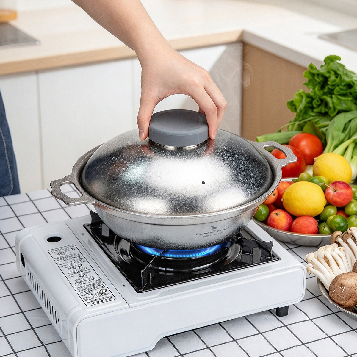 Boundless Voyage titanium pot simmering with steam vent lid on portable gas stove