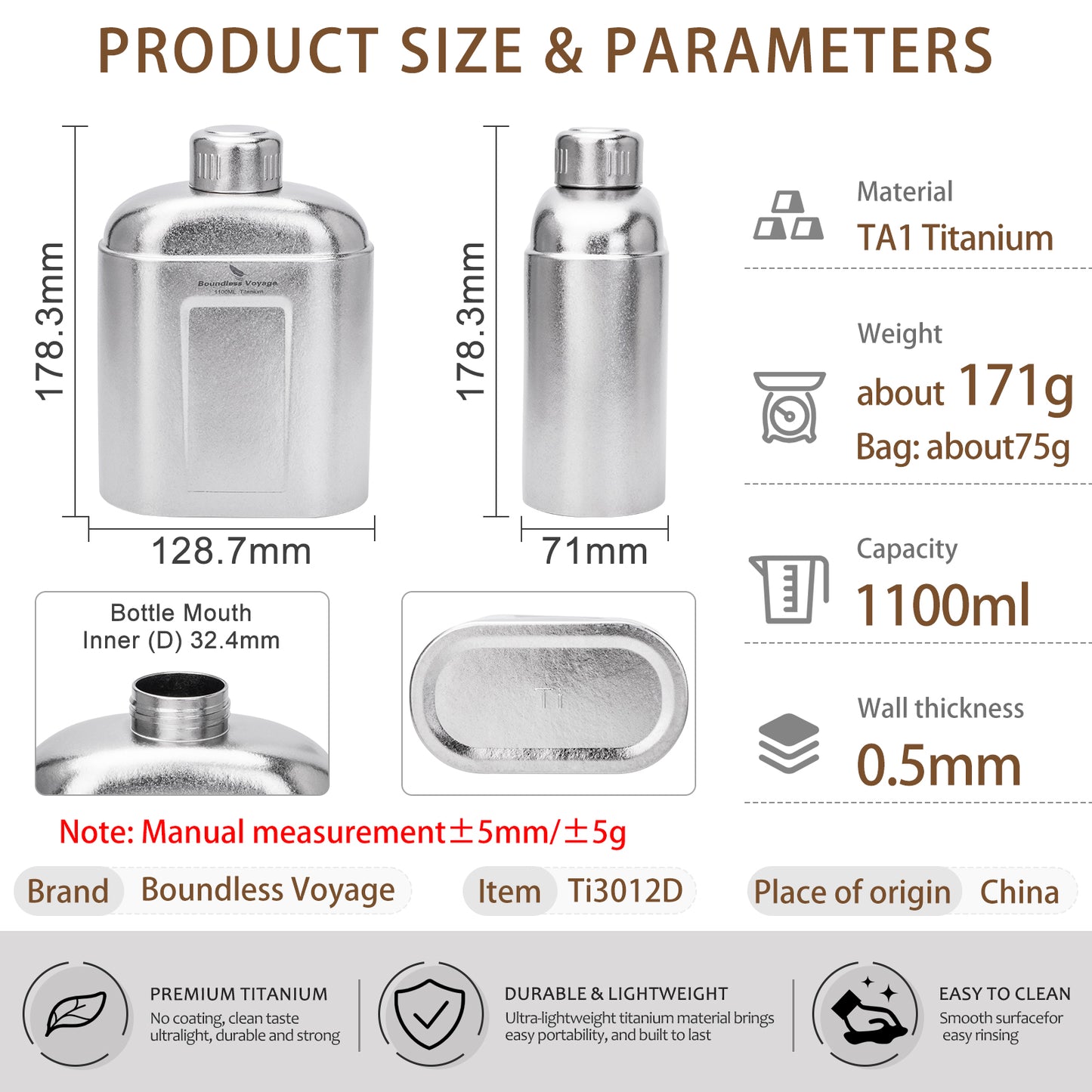 Boundless Voyage 1100ml TA1 Pure Titanium Canteen Bottle | Single Layer Open Flame Heatable Water Flask, Leakproof Double Wall Lid Military Outdoor Bottle with Crossbody Sleeve Ti3012D
