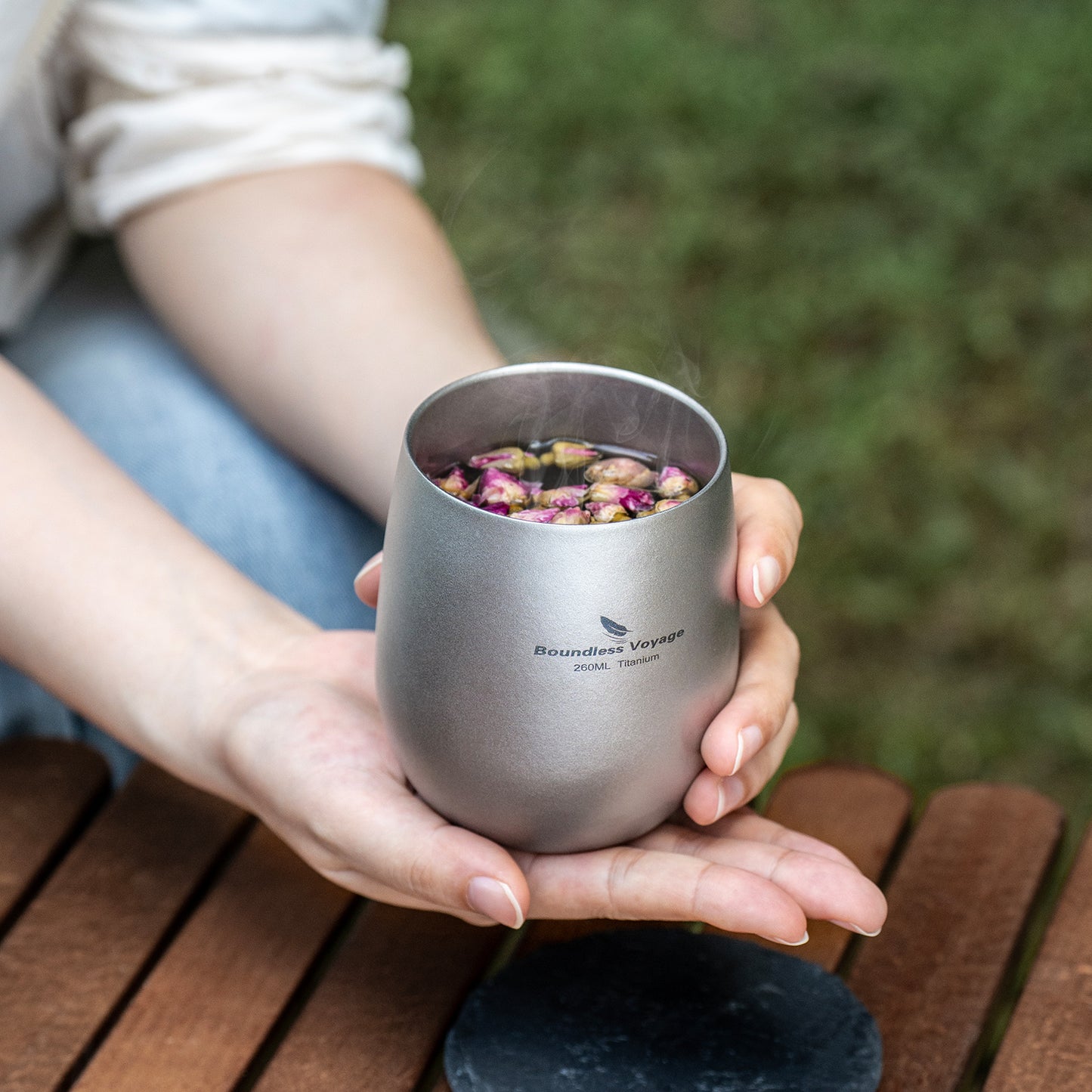 Boundless Voyage 260ML Titanium Double-Walled Egg Shaped Cup, Ice Crystal High-Temp Crystalline Texture Insulated Tea Coffee Mug, Ultralight Portable Drinkware for Camping, Travel & Daily Home Use Ti3084D