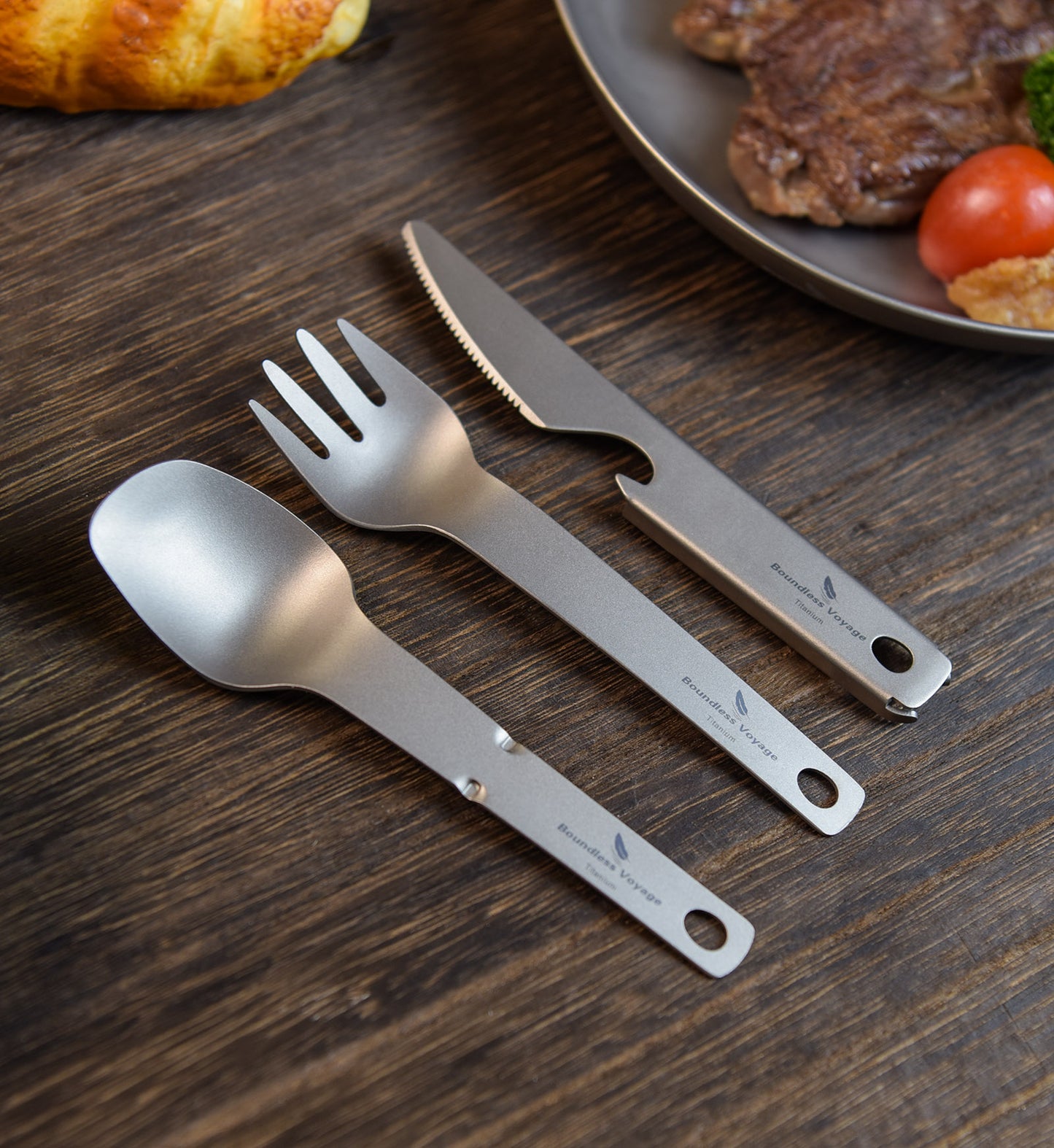 Boundless Voyage Titanium Tableware Set, Lightweight Portable Reusable Flatware with Knife Fork Spoon & Bottle Opener, Utility Cutlery for Outdoor Camping Travel Ti1077T