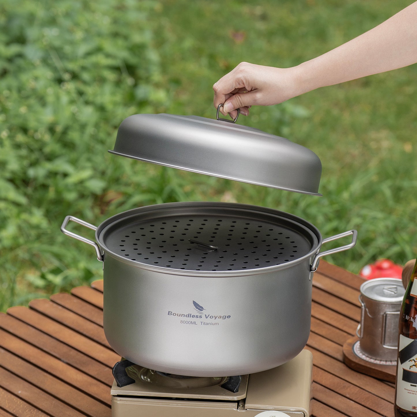 Boundless Voyage Titanium Steamer & Soup Hanging Pot, Lightweight Portable Cookware Kit for Outdoor Camping Hiking Picnic Travel & Household Kitchen Ti2115C