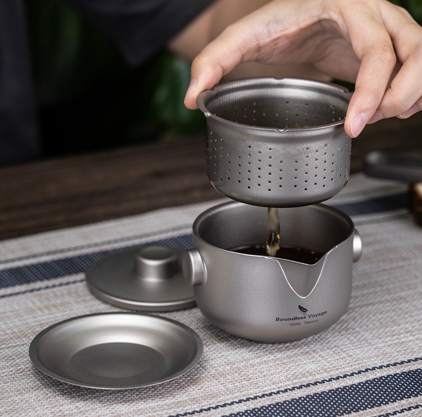 Boundless Voyage 180ml Sandblasted Finish Titanium Double-Layer Tea Maker with Lid Filter Ultralight Teapot with Double-Walled Anti-scalding Coffee Cup MugTi3136D / Ti3137D