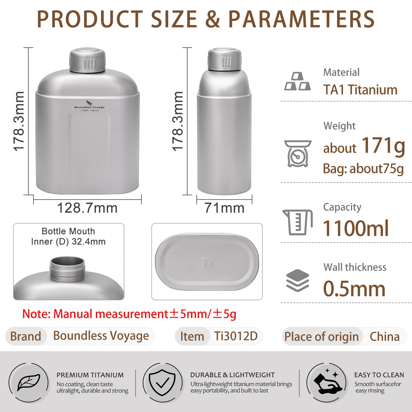 Boundless Voyage 1100ml TA1 Pure Titanium Canteen Bottle | Single Layer Open Flame Heatable Water Flask, Leakproof Double Wall Lid Military Outdoor Bottle with Crossbody Sleeve Ti3012D