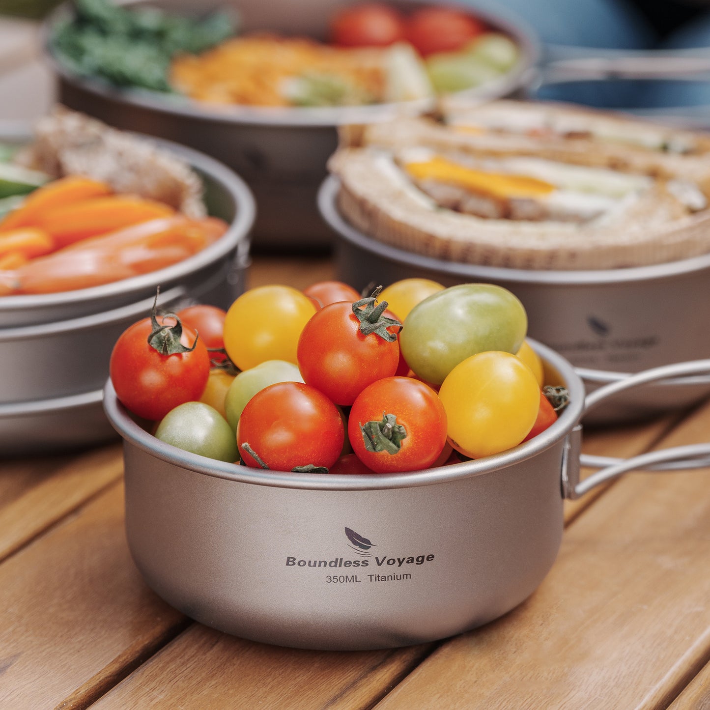 Boundless Voyage 5Pcs Pure Titanium Bowl Set with Foldable Handles, Portable Outdoor Camping Tableware Plates Dishes, 350/500/600/700/800ml Ti1096T
