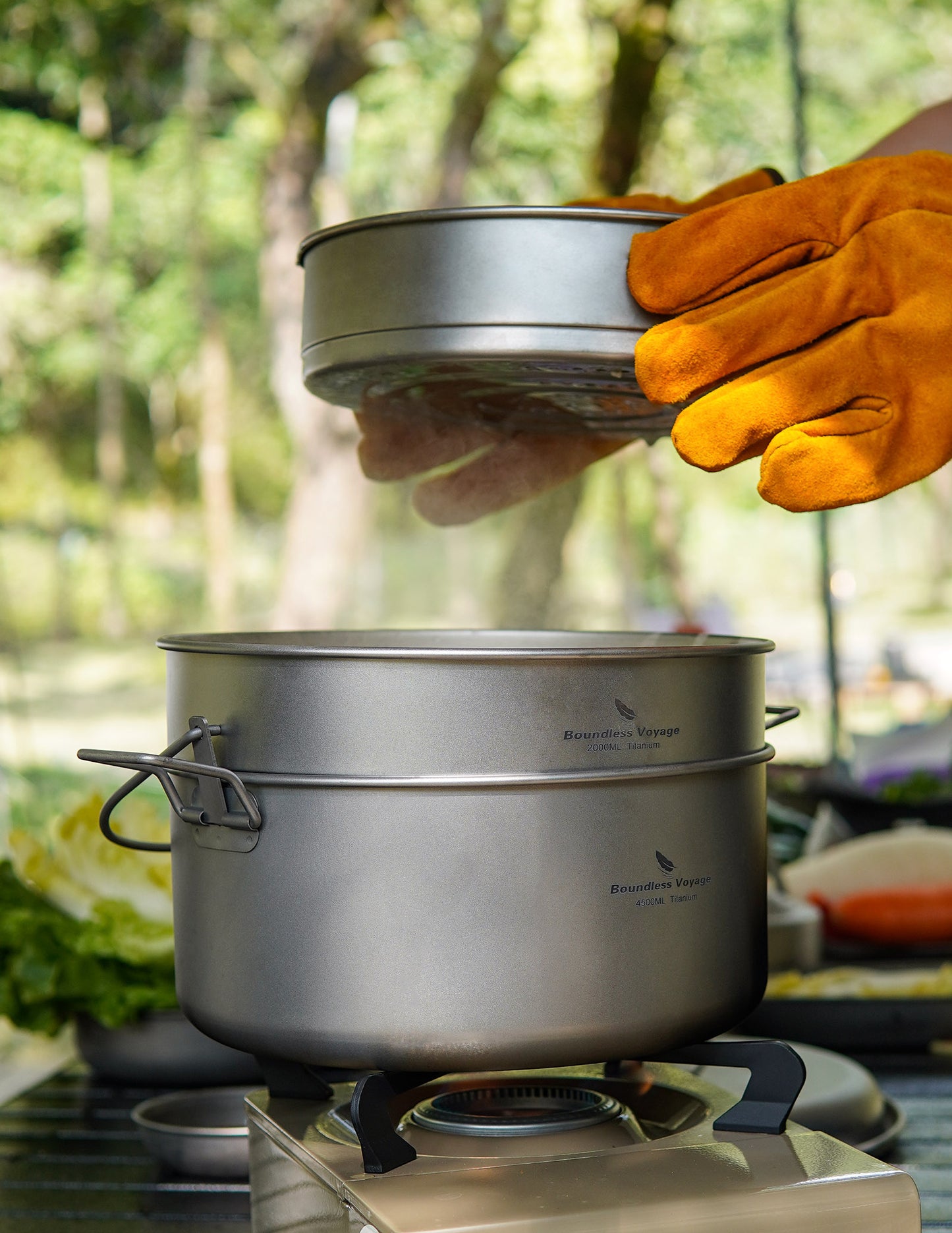 Boundless Voyage Titanium Food Steamer Pan & Stock Soup Pot, Portable Hanging Hot Pot Kitchenware for Outdoor Camping Picnic Travel Household Cooking Ti2112C- Ti2114C