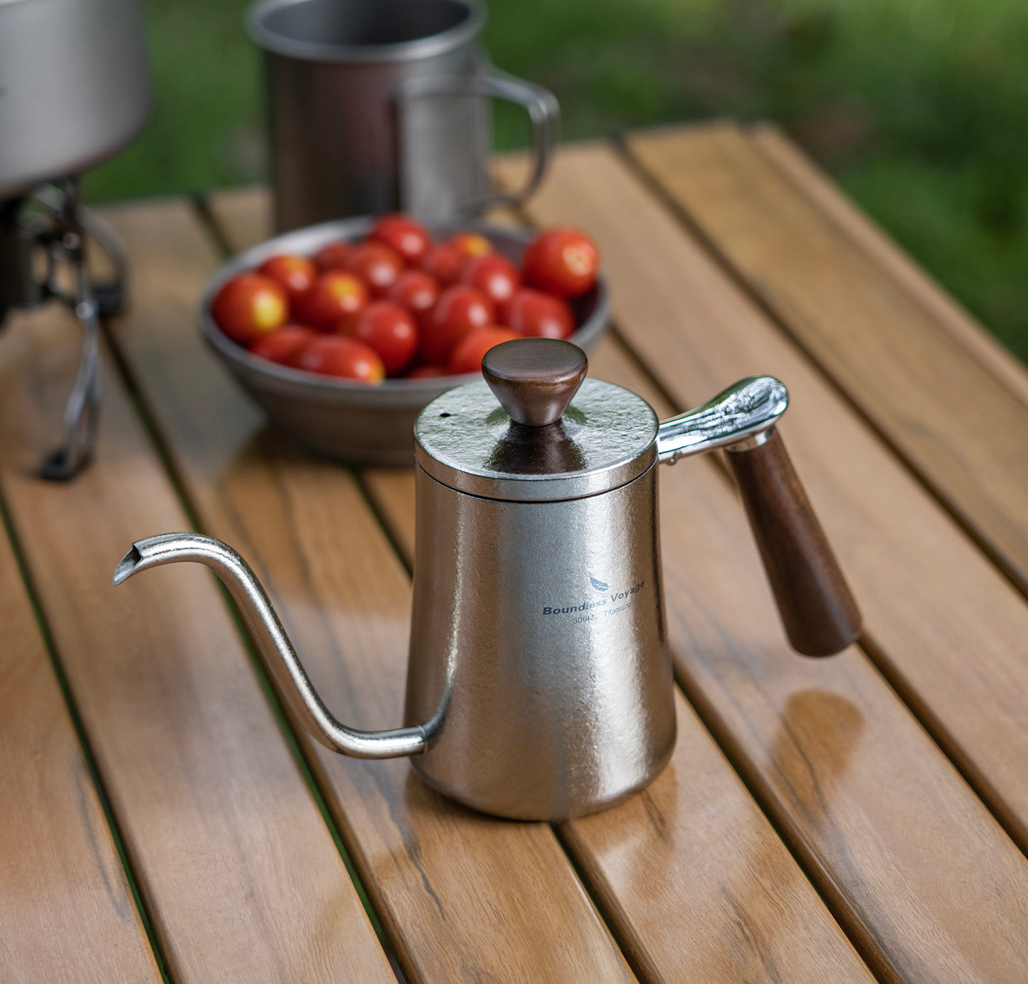 Boundless Voyage 300ml Titanium Pour Over Coffee Kettle with Wood Handle, Precision Gooseneck Spout Mini Coffee Tea Pot, Ultralight Portable Brew Gear for Home Barista, Office, Camping & Hiking Travel Ti3091D