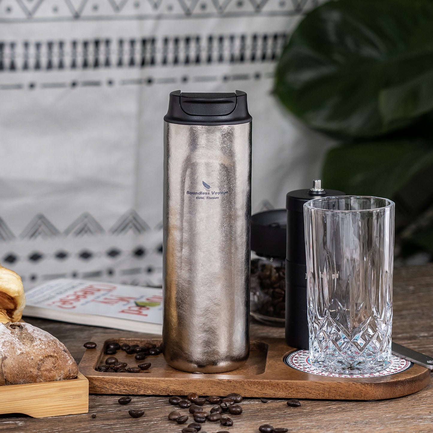 Boundless Voyage 450ml Double-Walled Insulated Titanium French Press Coffee Tumbler with Lid, Portable Filter Coffee Mug for Travel Daily Use Ti3255D
