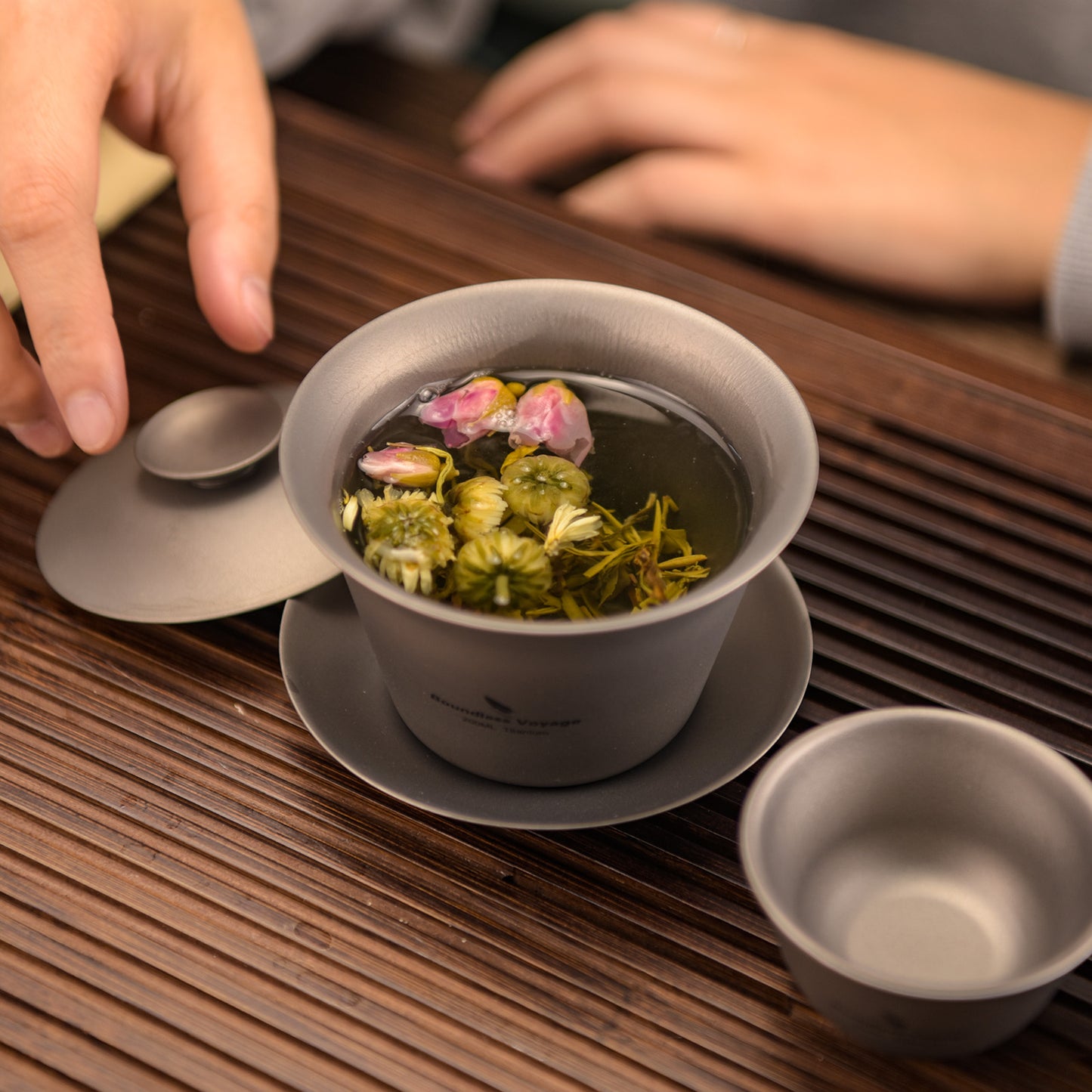 Boundless Voyage Double Walled Titanium Gaiwan, Traditional Chinese Kung Fu Tea Bowl with Lid & Saucer, Ultralight Durable Portable Tea Set for Home Tea Ceremony & Outdoor Camping Ti3123D-Ti3124D