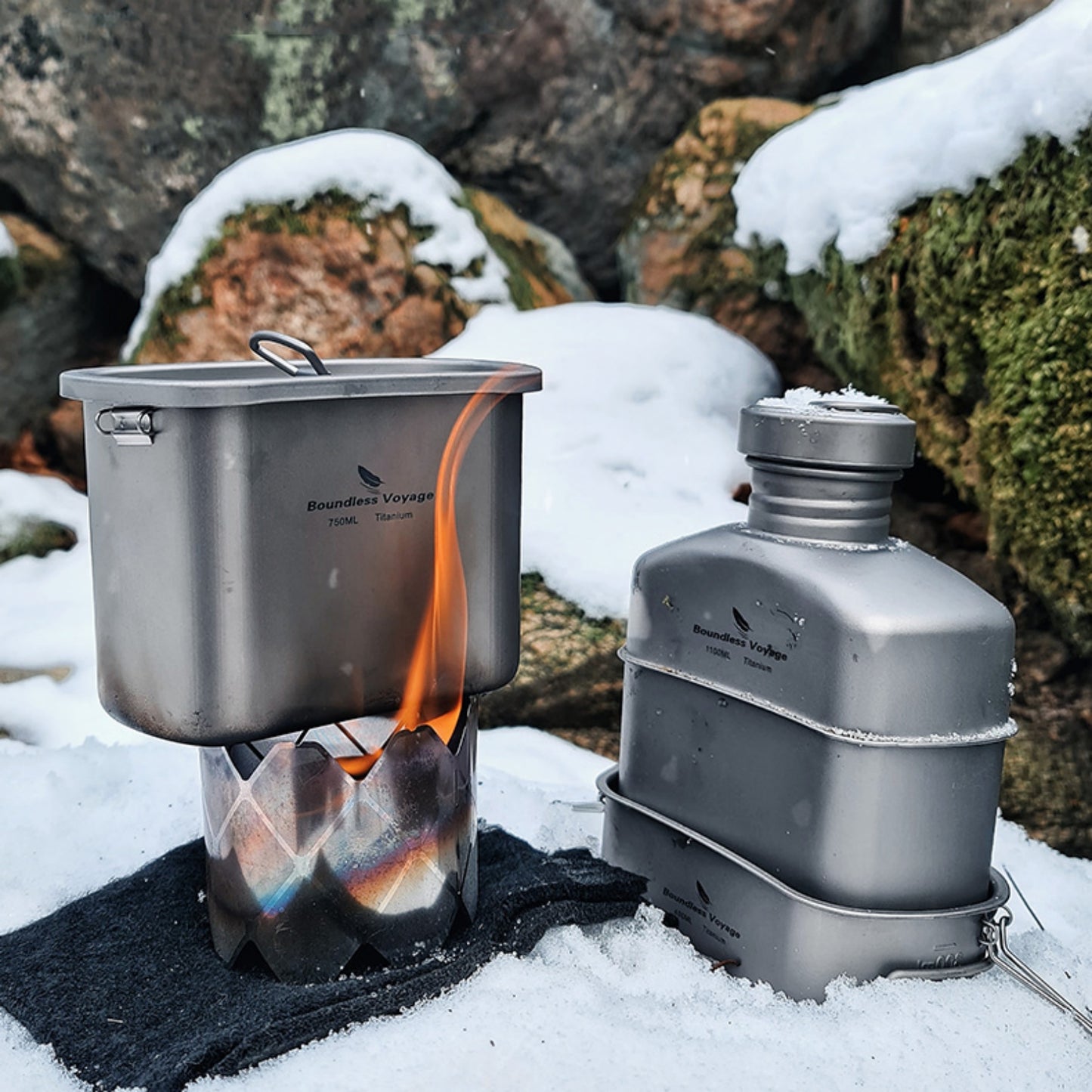 Boundless Voyage Titanium Military Canteen Cups Set Outdoor Camping Water Bottle Bowl Kettle Cooking Set Mess Kit Ti2047C-Ti2049C