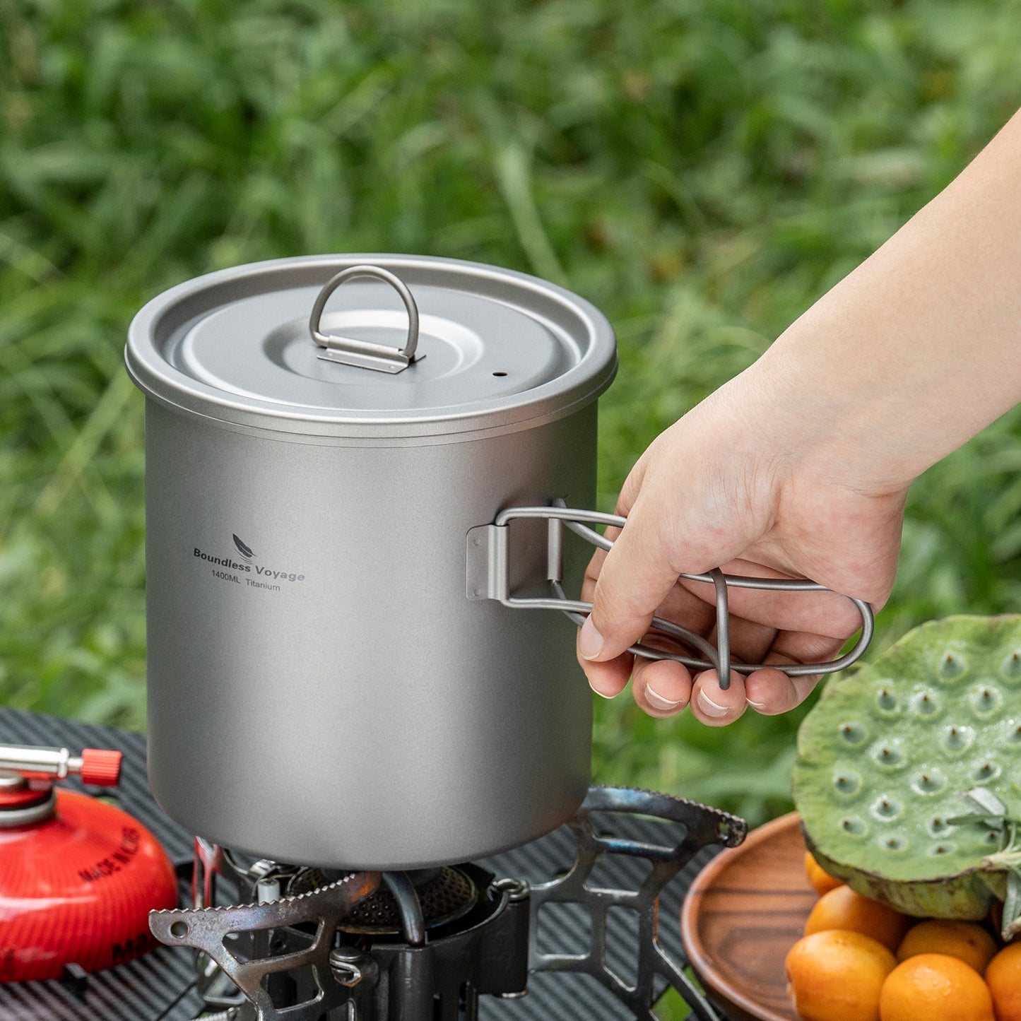 Boundless Voyage 1400ml Pure Titanium Camping Pot | Ultralight Backpacking Cookware with Lid & Foldable Handle for Hiking Camping