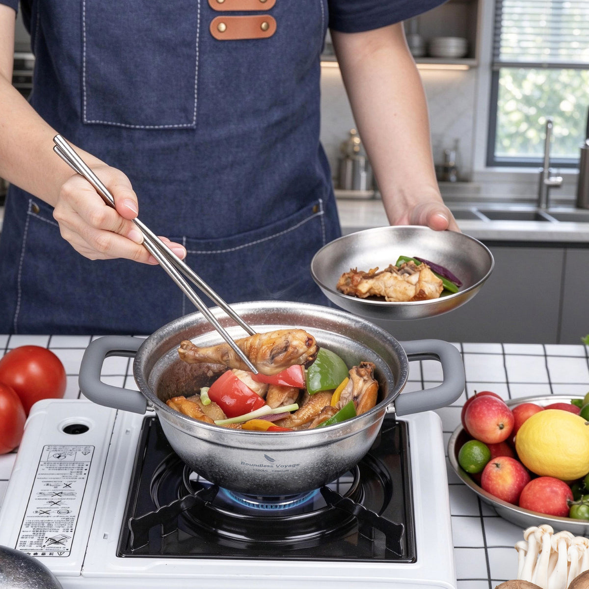 Cooking braised chicken and peppers in Boundless Voyage 1.2L titanium cooking pot on gas burner