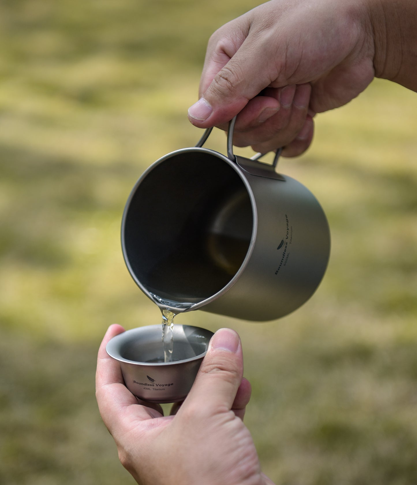 Boundless Voyage Pure Titanium Tea Mug Set, 500ml Cup with Lid, Scale & Strainer, Foldable Handle + Two 40ml Mini Teacups, Compact Camping Kit with Storage Bag Ti3126D