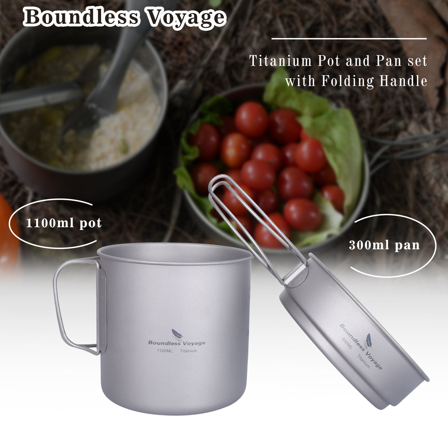 Boundless Voyage Titanium Pot & Pan Set with Folding Handle, Portable Outdoor Mess Kit Cookware for Camping Hiking Picnic Ti2053C